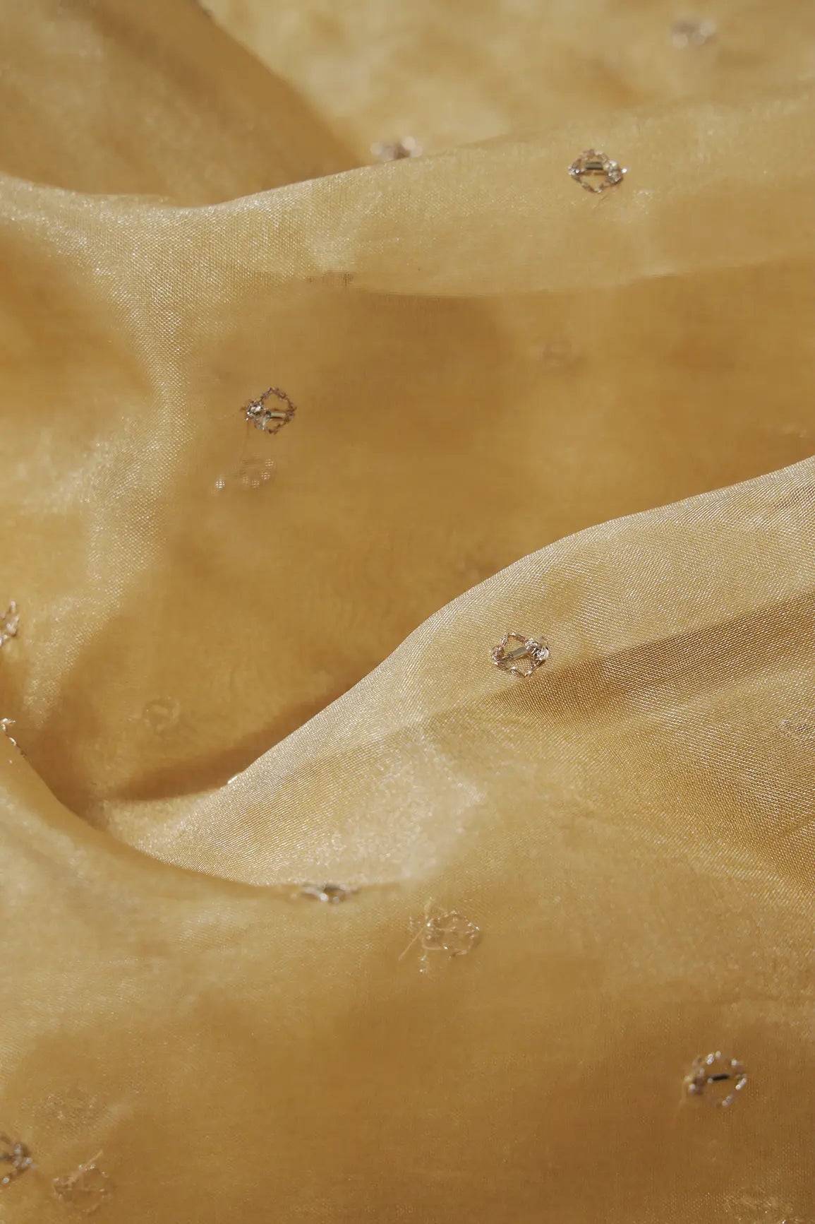 Cut Dana Beads With Zari Small Motif Embroidery On Tan Beige Organza Fabric - doeraa