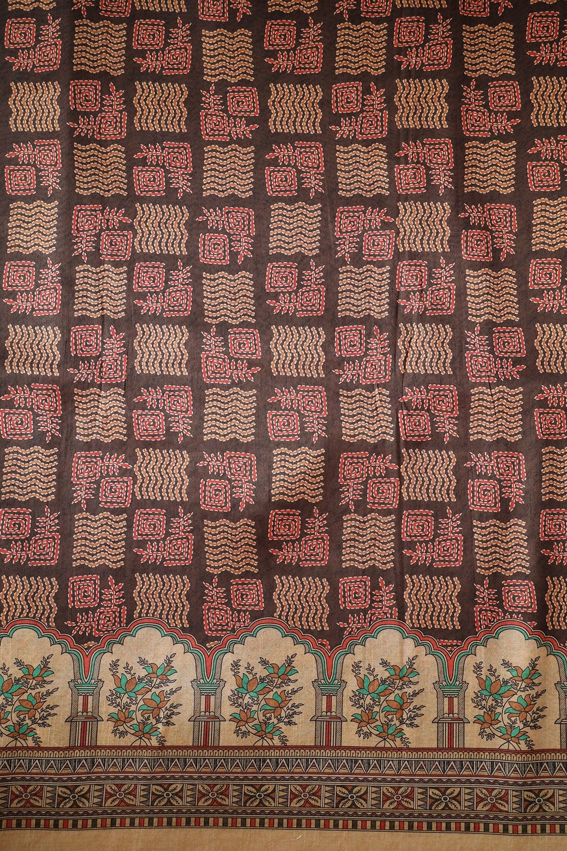 Dark Brown Geometric Pattern Digital Print On Mulberry Silk Fabric With Border - doeraa