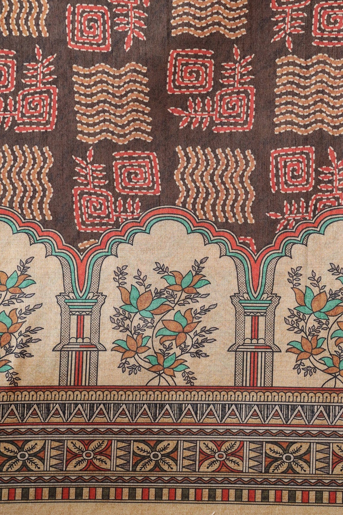 Dark Brown Geometric Pattern Digital Print On Mulberry Silk Fabric With Border - doeraa