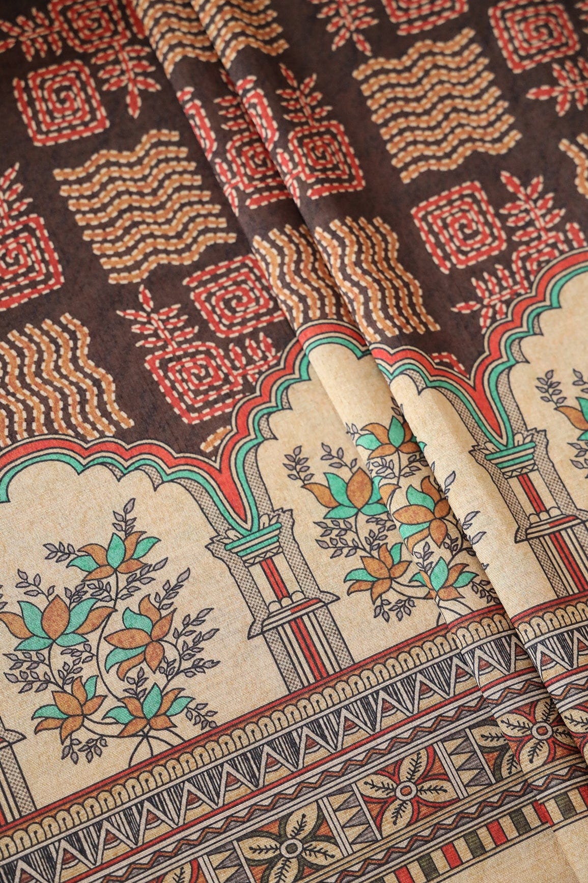 Dark Brown Geometric Pattern Digital Print On Mulberry Silk Fabric With Border - doeraa