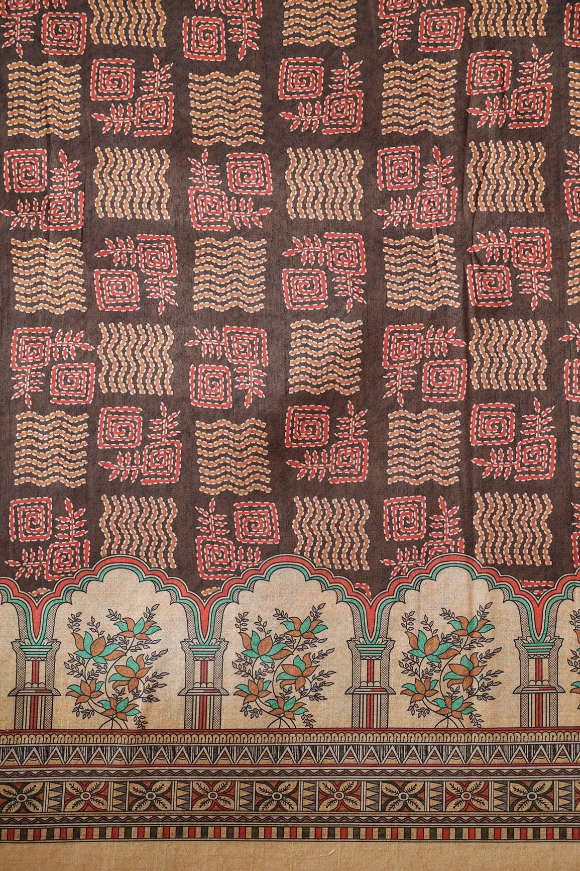 Dark Brown Geometric Pattern Digital Print On Mulberry Silk Fabric With Border - doeraa