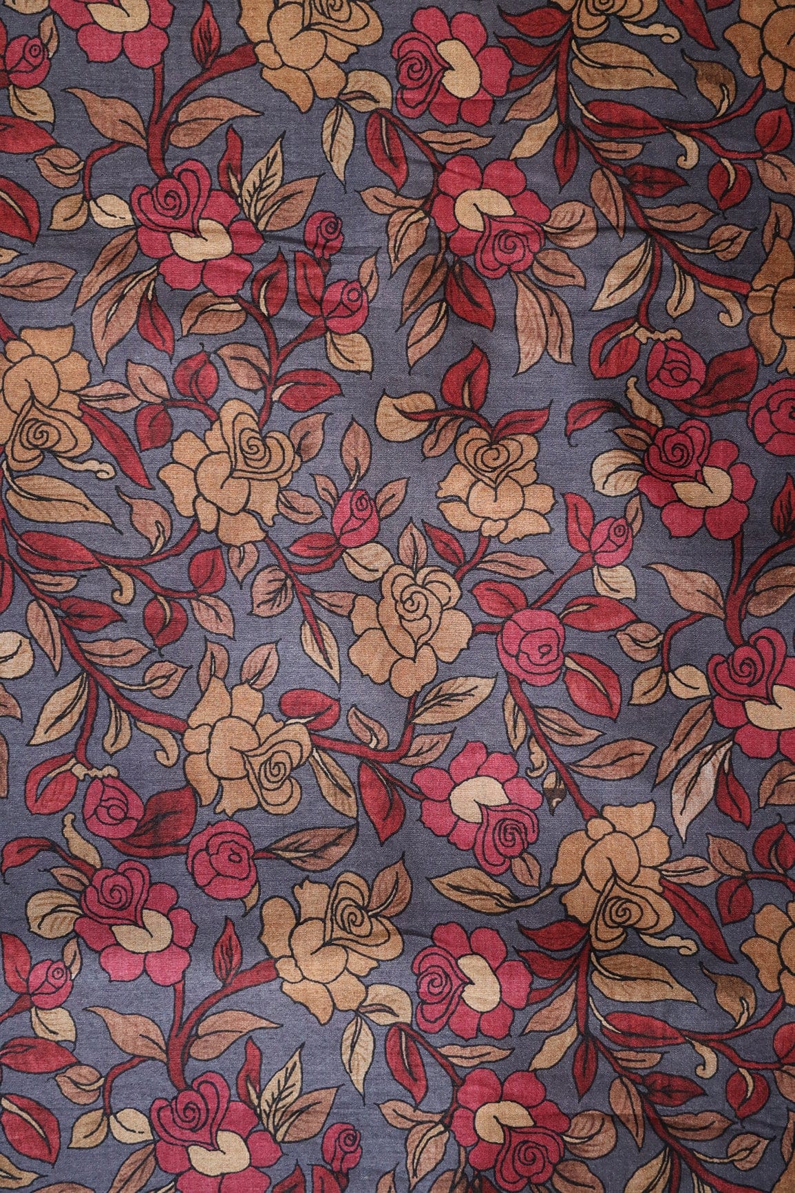 Dark Grey And Red Floral Pattern Digital Print On Mulberry Silk Fabric - doeraa
