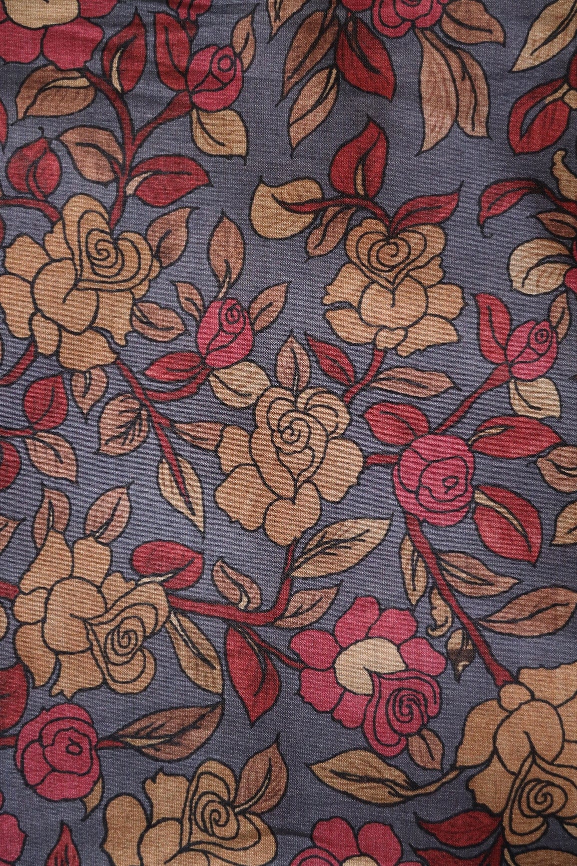 Dark Grey And Red Floral Pattern Digital Print On Mulberry Silk Fabric - doeraa