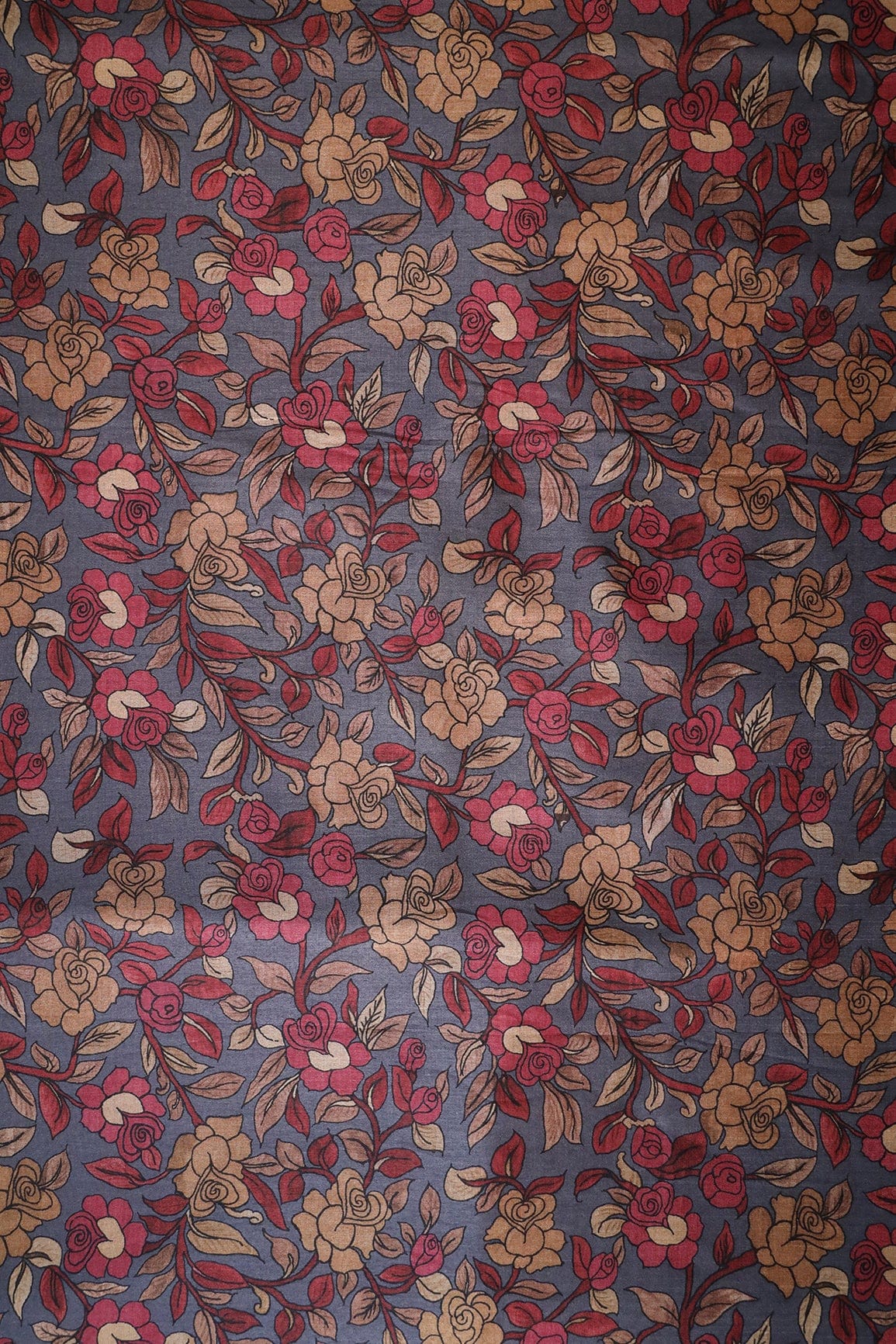 Dark Grey And Red Floral Pattern Digital Print On Mulberry Silk Fabric - doeraa