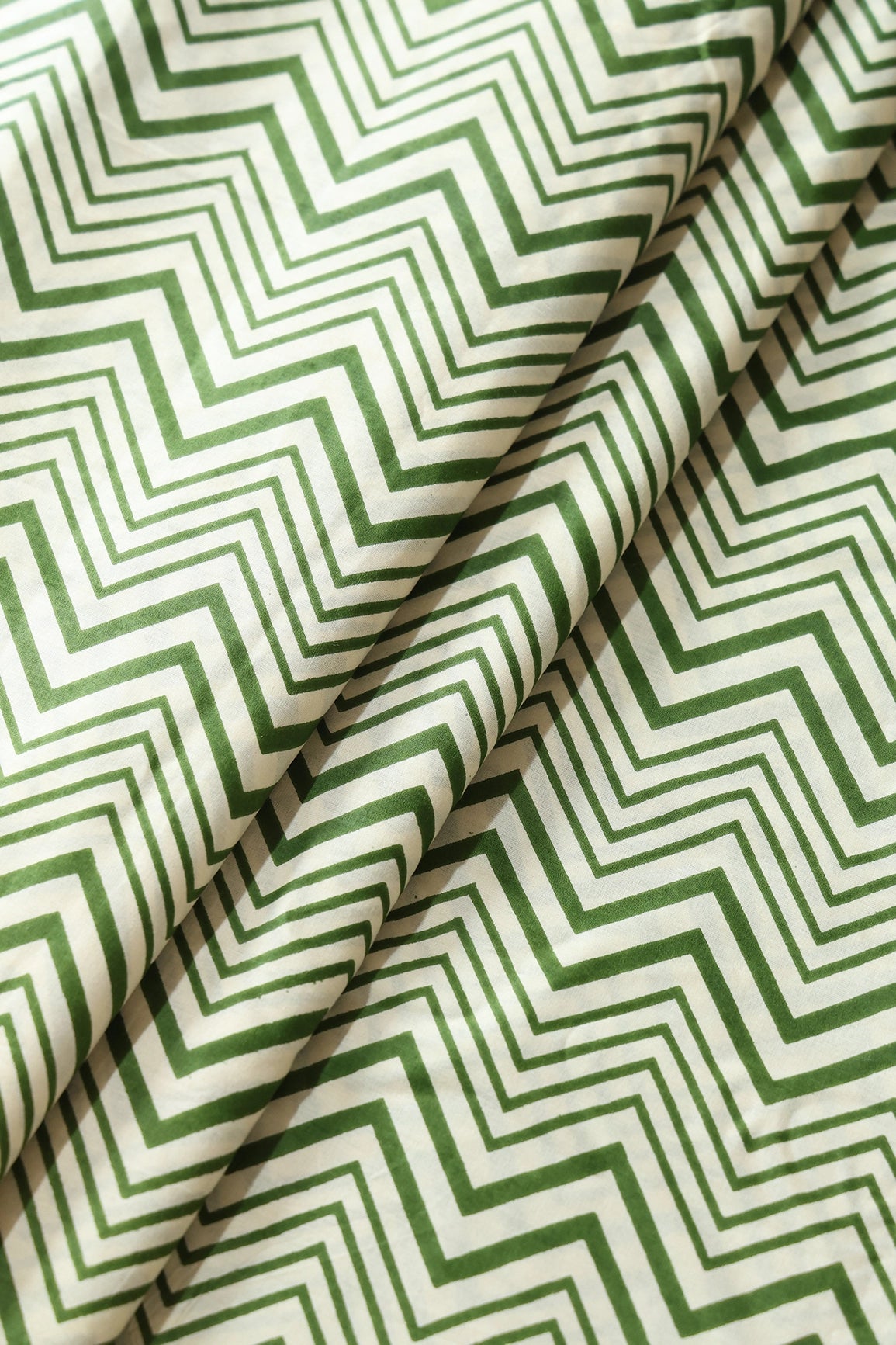 Dark Olive And Cream Chevron Print On Pure Cotton Fabric - doeraa