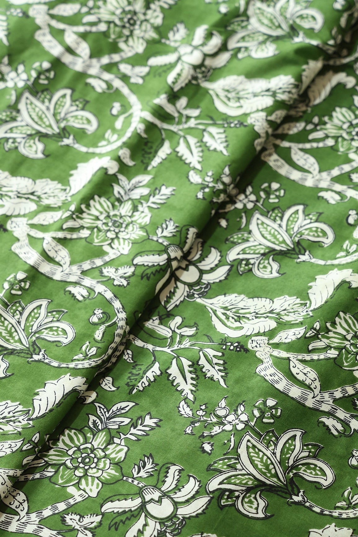 Dark Olive And Cream Floral Print On Pure Cotton Fabric - doeraa