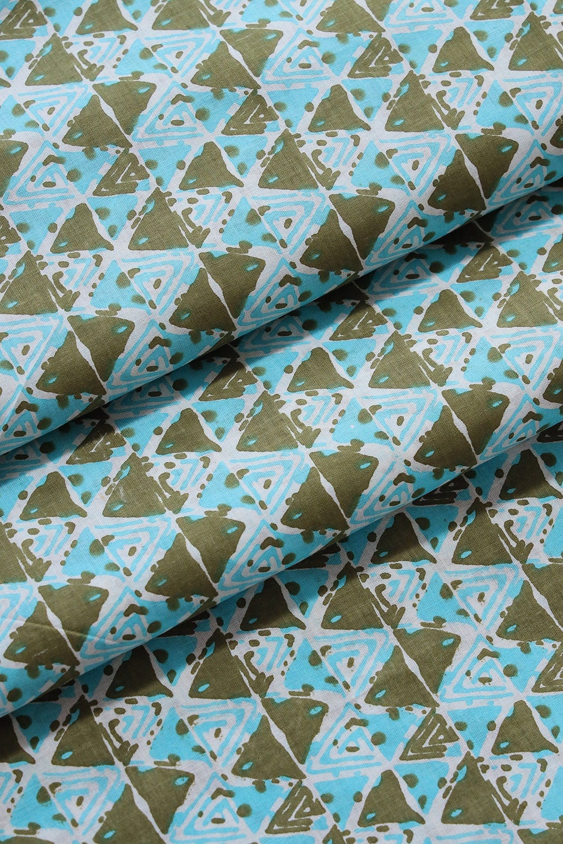 Dark Olive And Sky Blue Geometric Pattern Print On White Pure Cotton Fabric - doeraa
