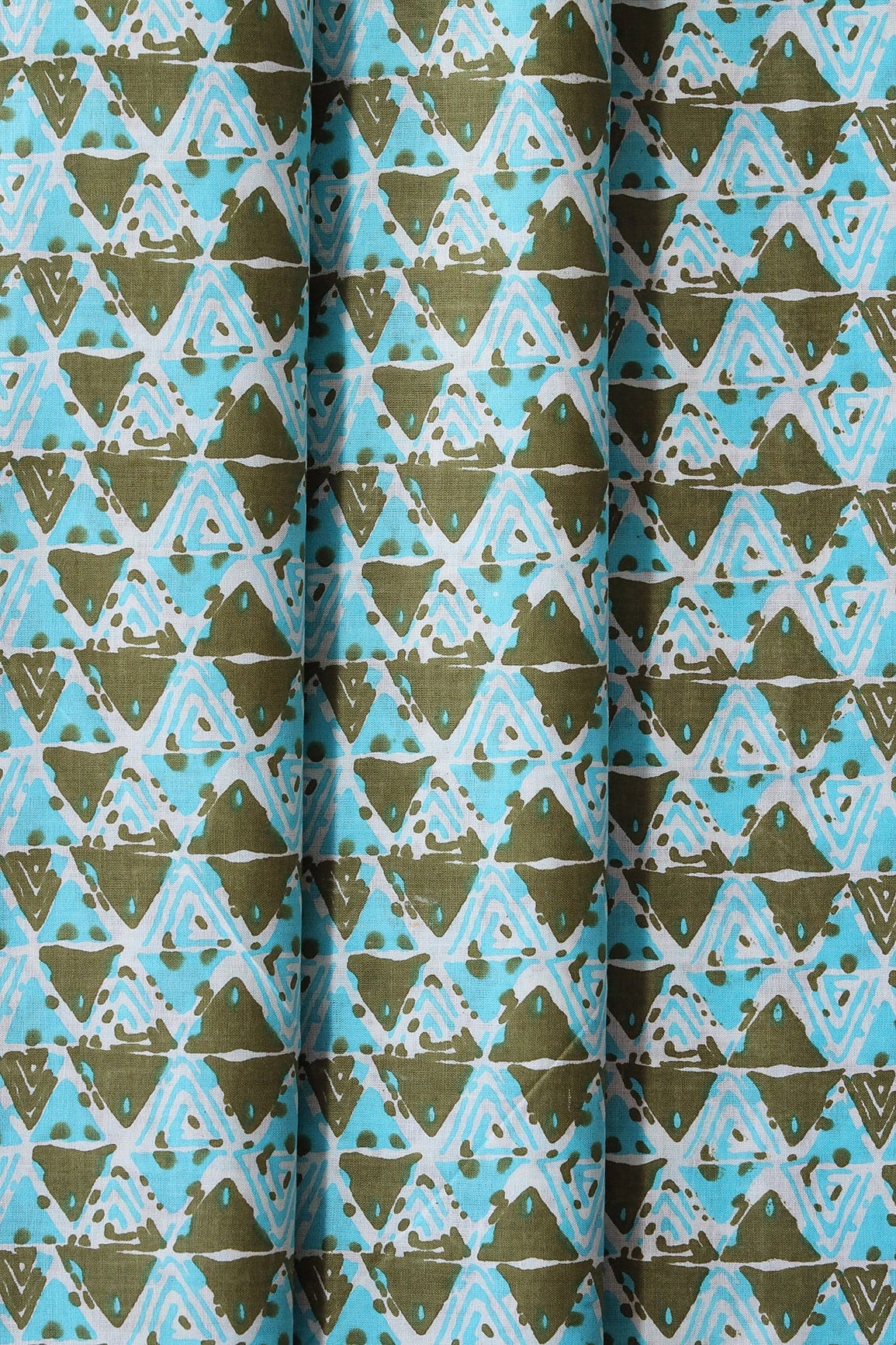 Dark Olive And Sky Blue Geometric Pattern Print On White Pure Cotton Fabric - doeraa