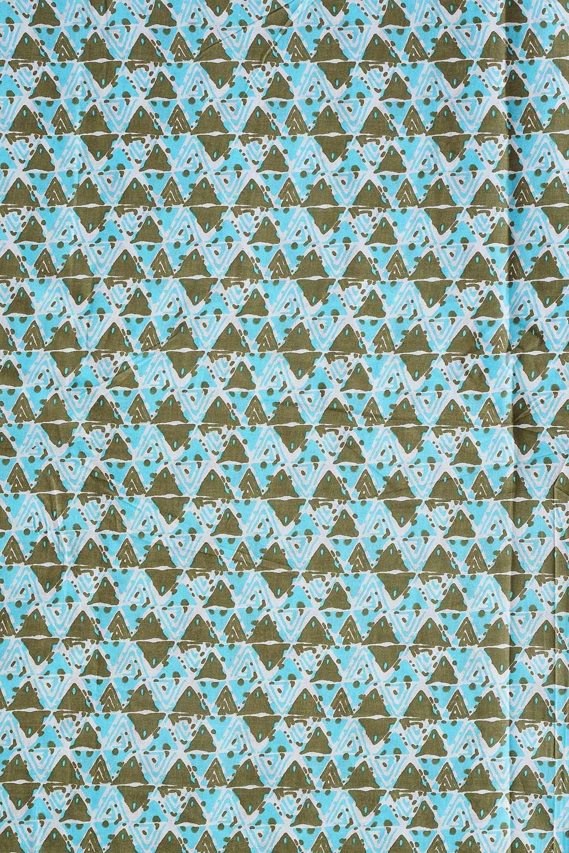 Dark Olive And Sky Blue Geometric Pattern Print On White Pure Cotton Fabric - doeraa