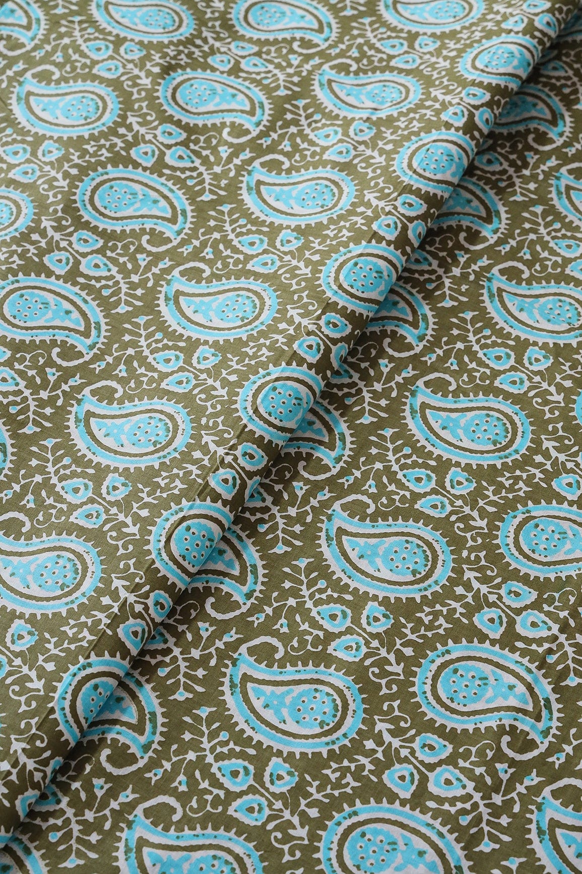 Dark Olive And Sky Blue Paisley Pattern Print On Pure Cotton Fabric - doeraa