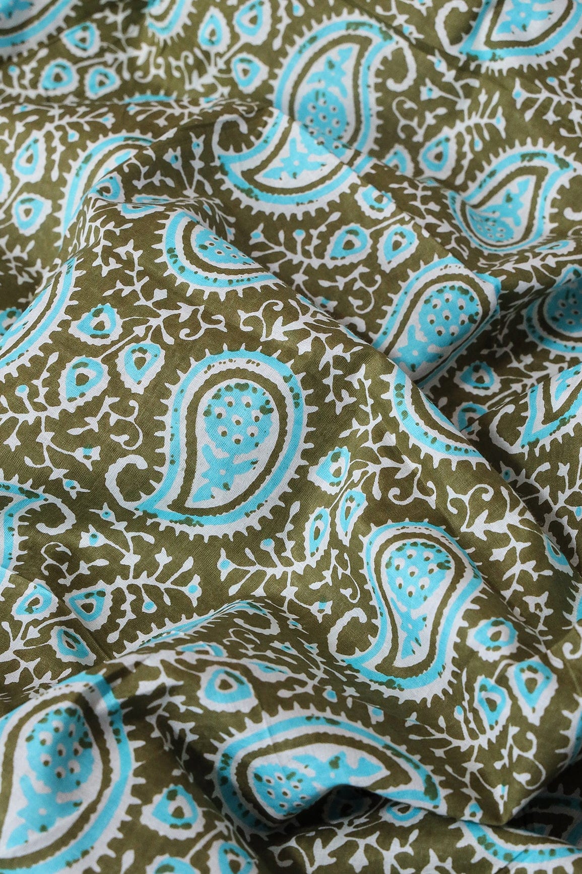 Dark Olive And Sky Blue Paisley Pattern Print On Pure Cotton Fabric - doeraa