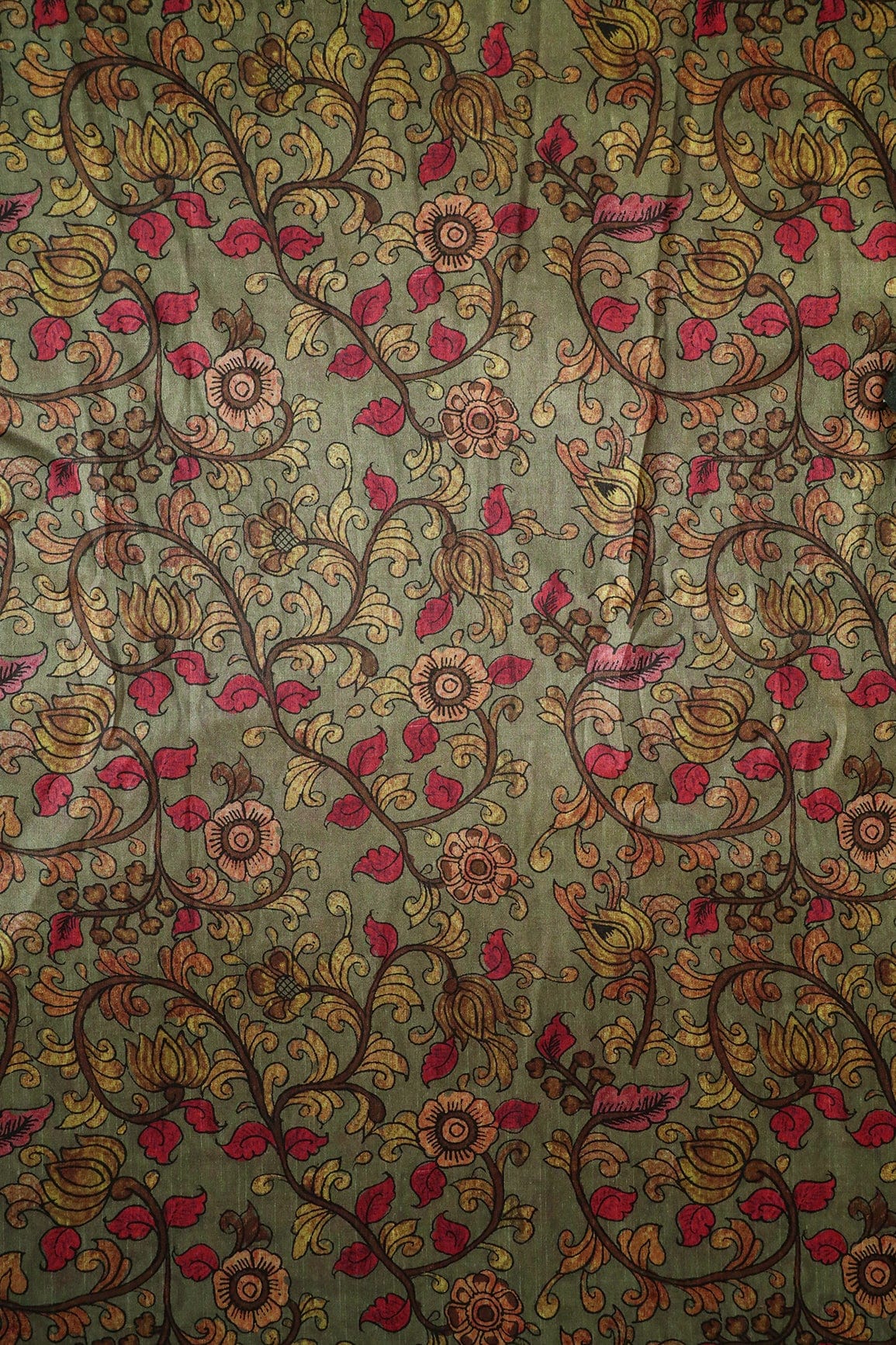 Dark Olive Floral Pattern Digital Print On Mulberry Silk Fabric - doeraa