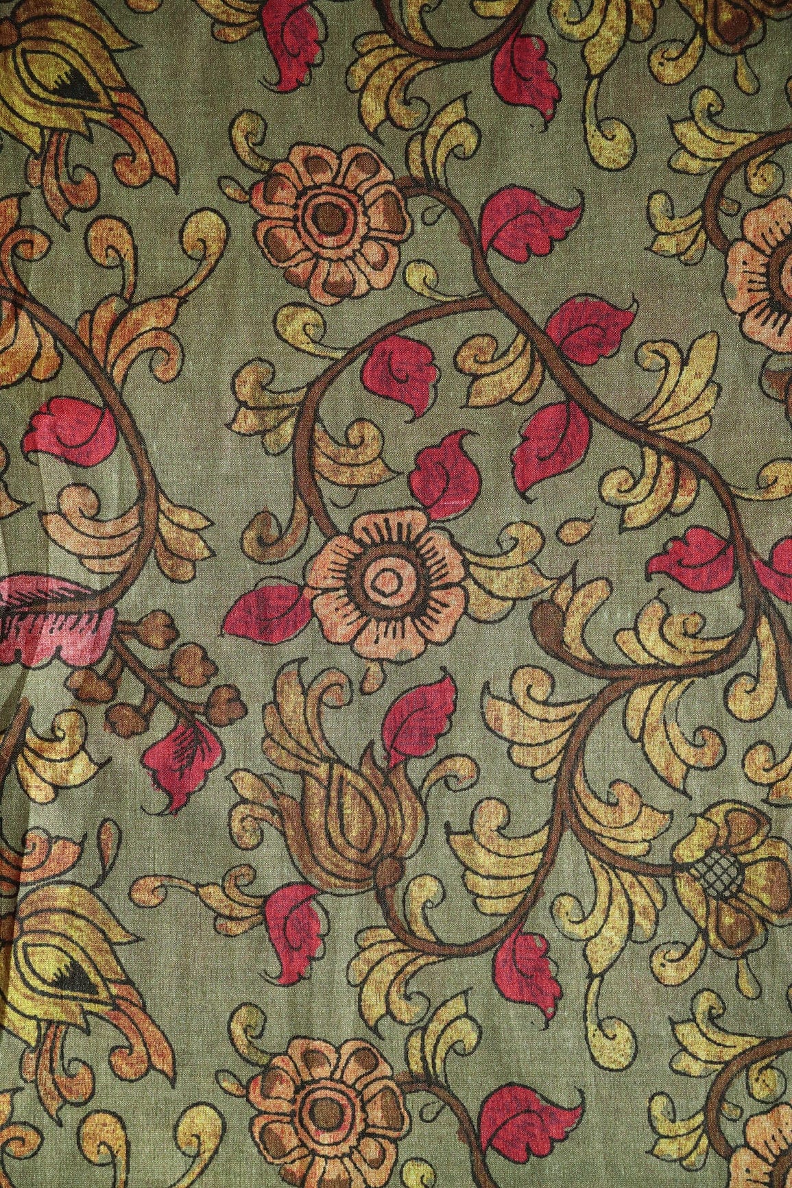 Dark Olive Floral Pattern Digital Print On Mulberry Silk Fabric - doeraa