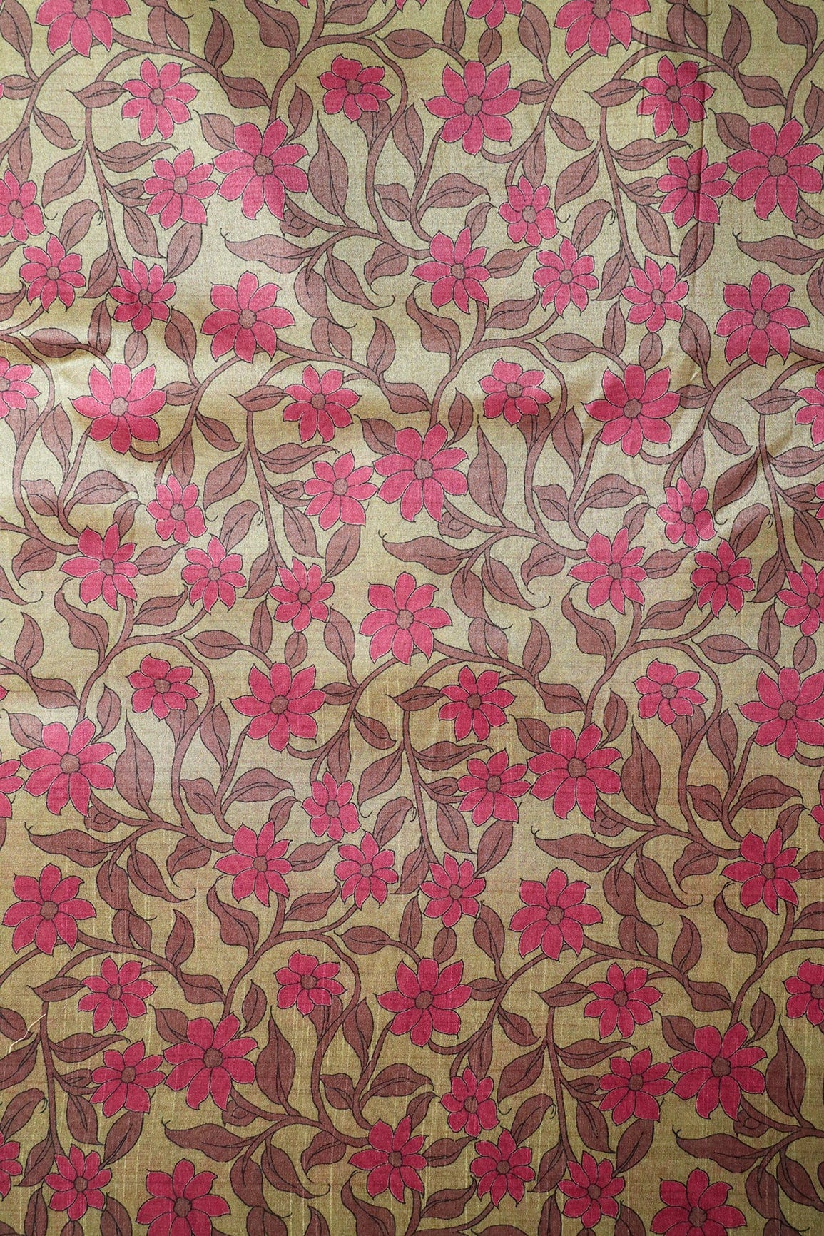 Dark Olive Floral Pattern Digital Print On Mulberry Silk Fabric - doeraa