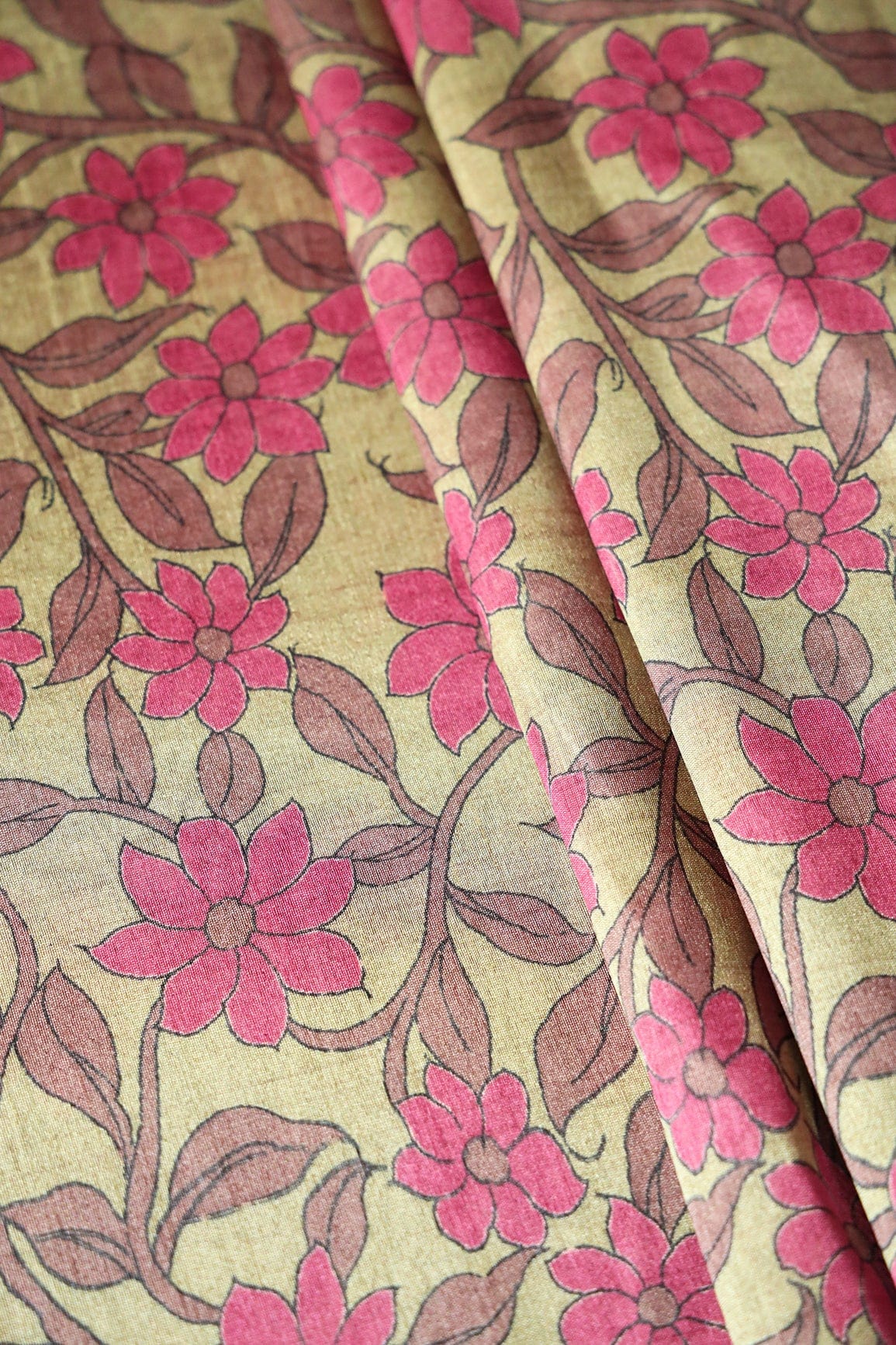Dark Olive Floral Pattern Digital Print On Mulberry Silk Fabric - doeraa