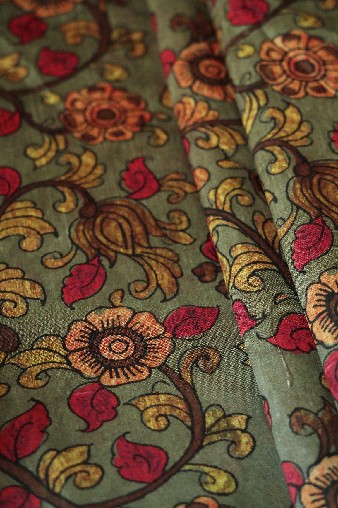 Dark Olive Floral Pattern Digital Print On Mulberry Silk Fabric - doeraa