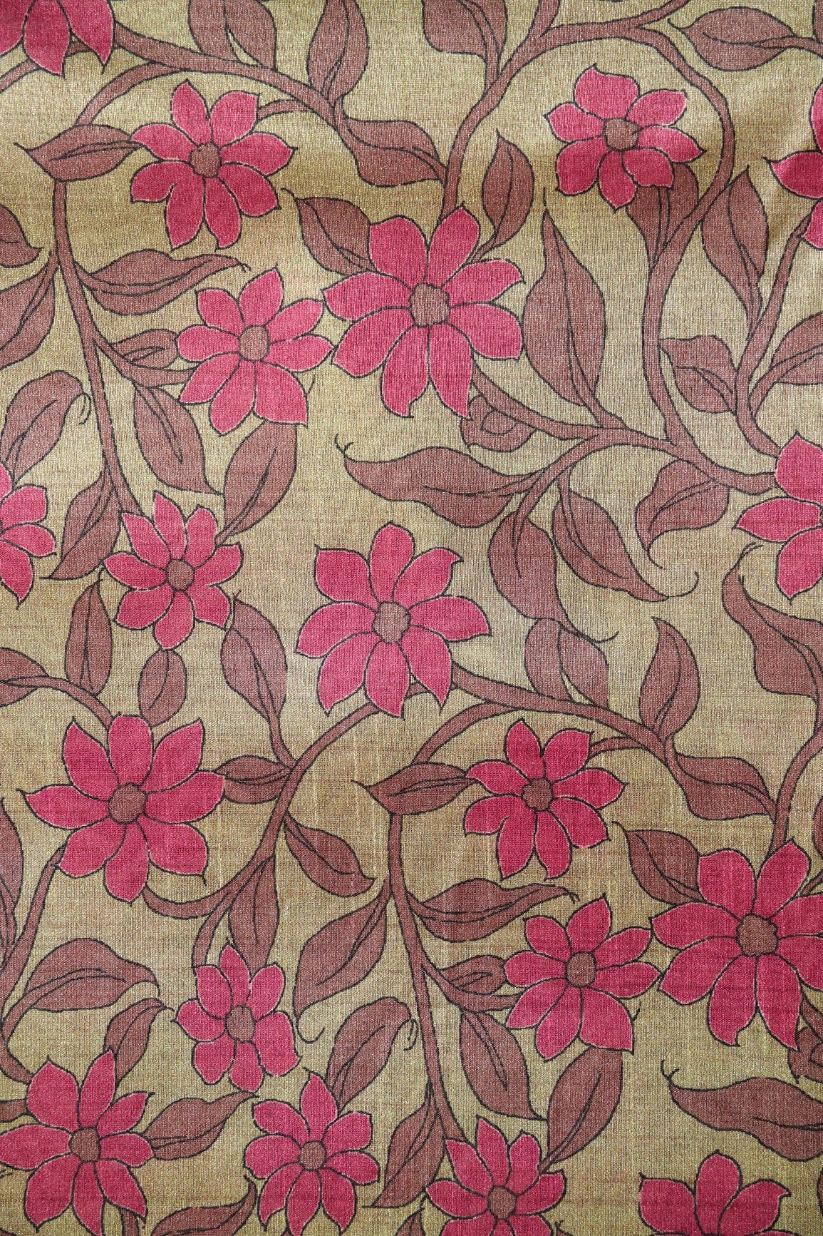 Dark Olive Floral Pattern Digital Print On Mulberry Silk Fabric - doeraa