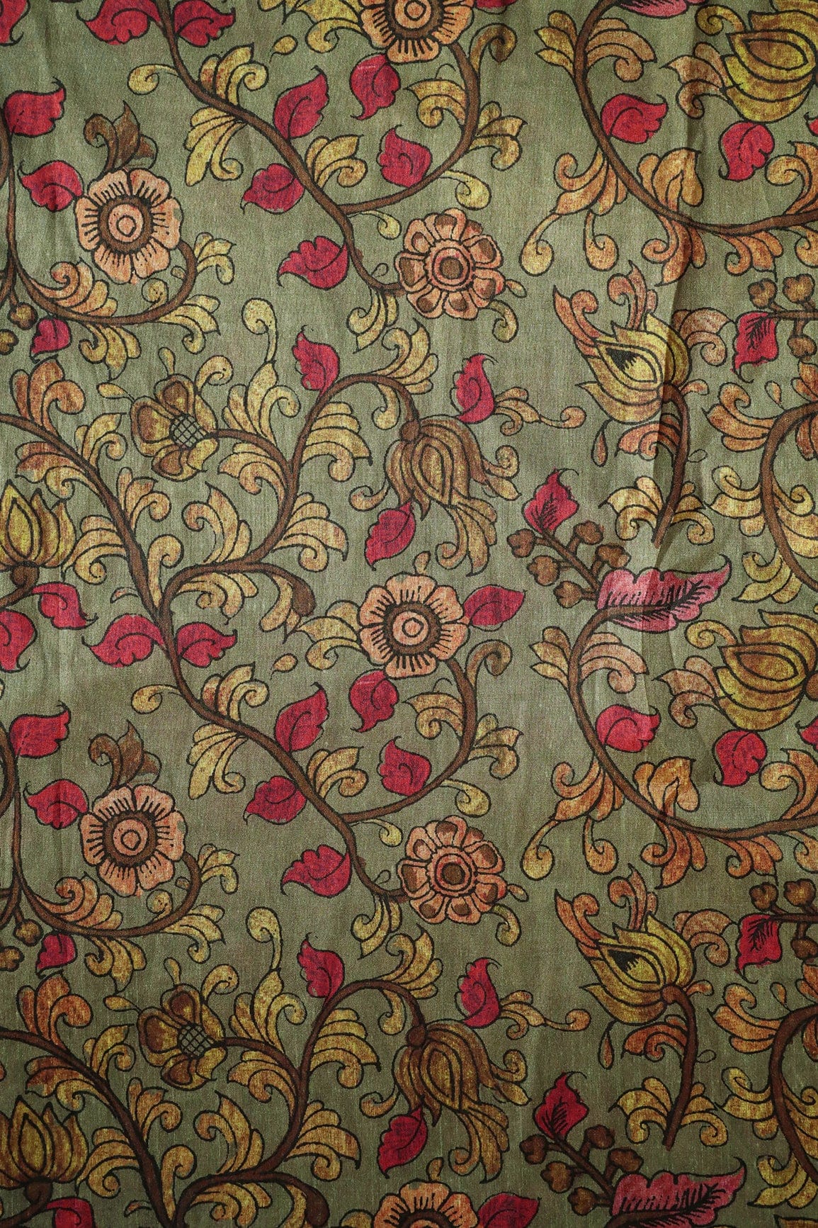 Dark Olive Floral Pattern Digital Print On Mulberry Silk Fabric - doeraa