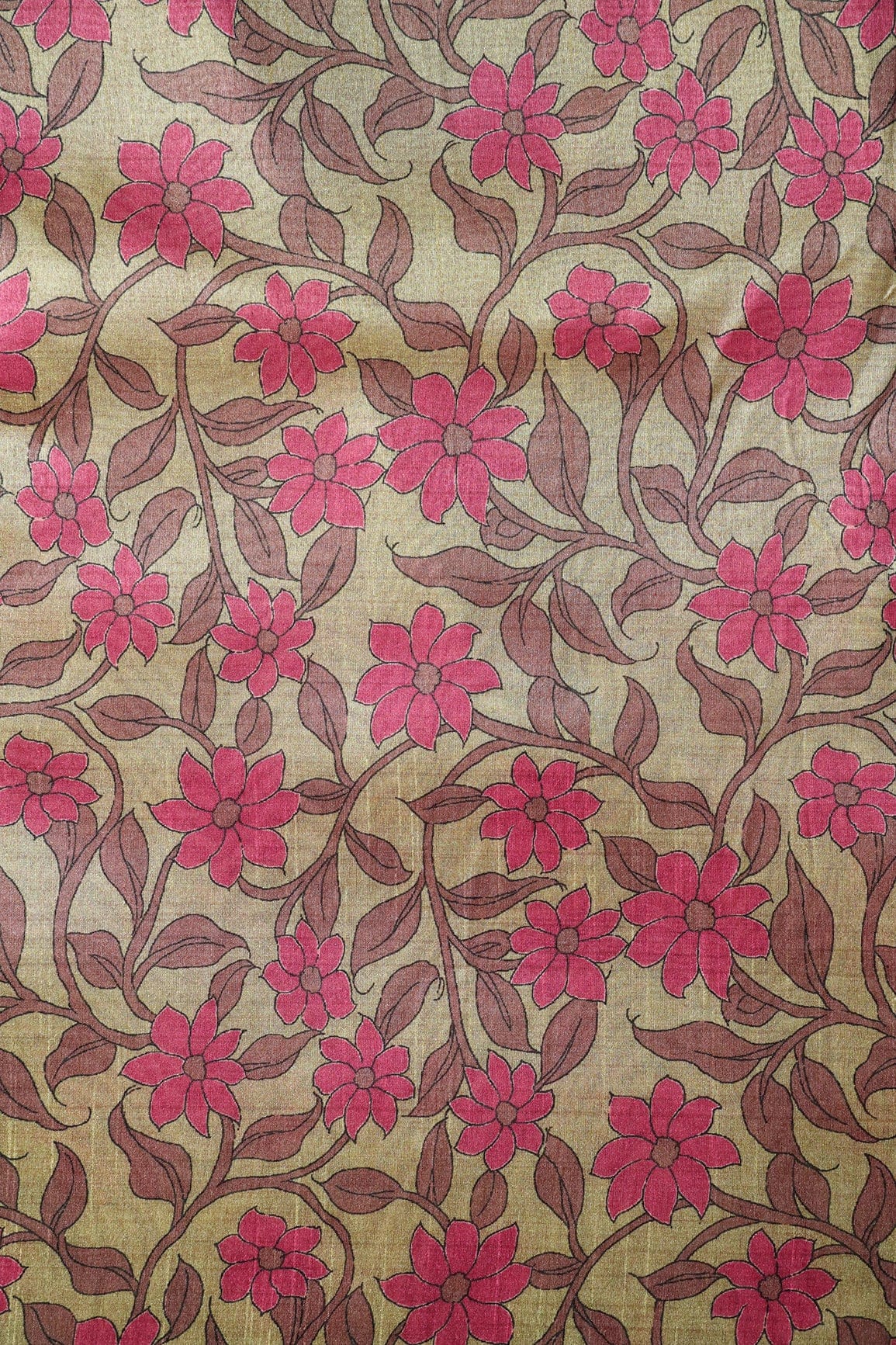 Dark Olive Floral Pattern Digital Print On Mulberry Silk Fabric - doeraa