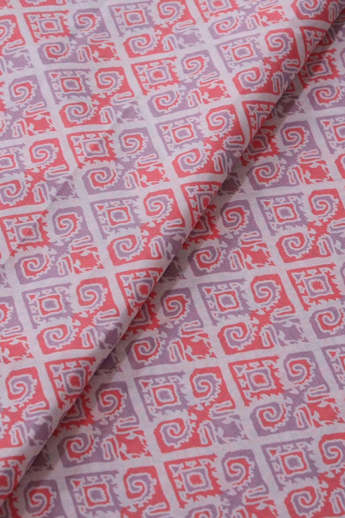 Dark Peach And Lavender Geometric Pattern Digital Print On French Crepe Fabric - doeraa