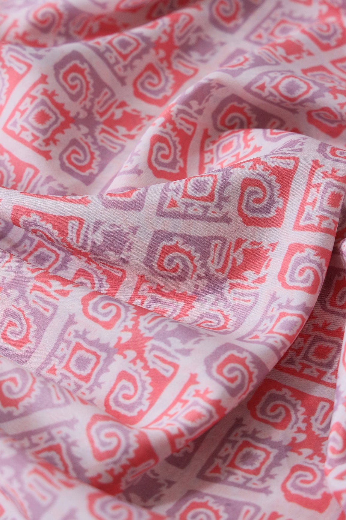 Dark Peach And Lavender Geometric Pattern Digital Print On French Crepe Fabric - doeraa