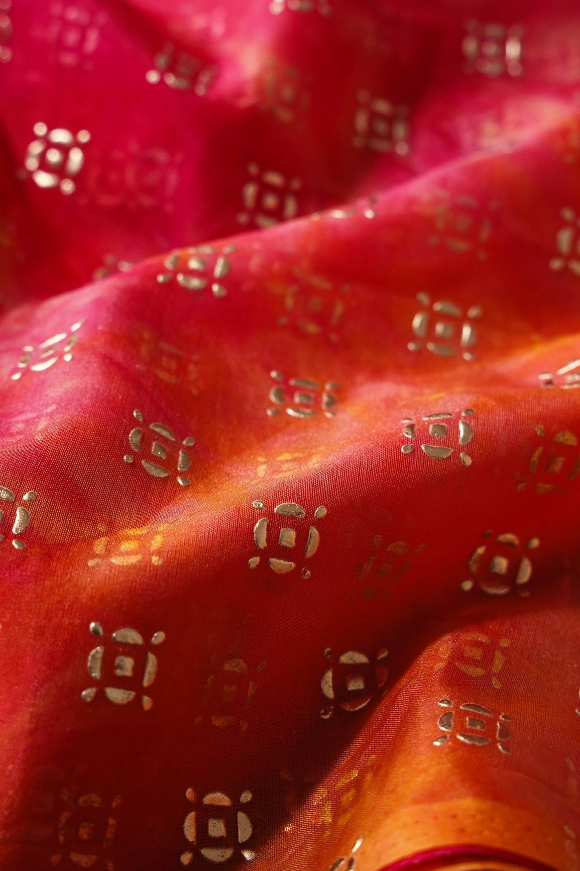 Dark Pink And Orange Tie & Dye Shibori Small Motif Foil Print On Organza Fabric - doeraa