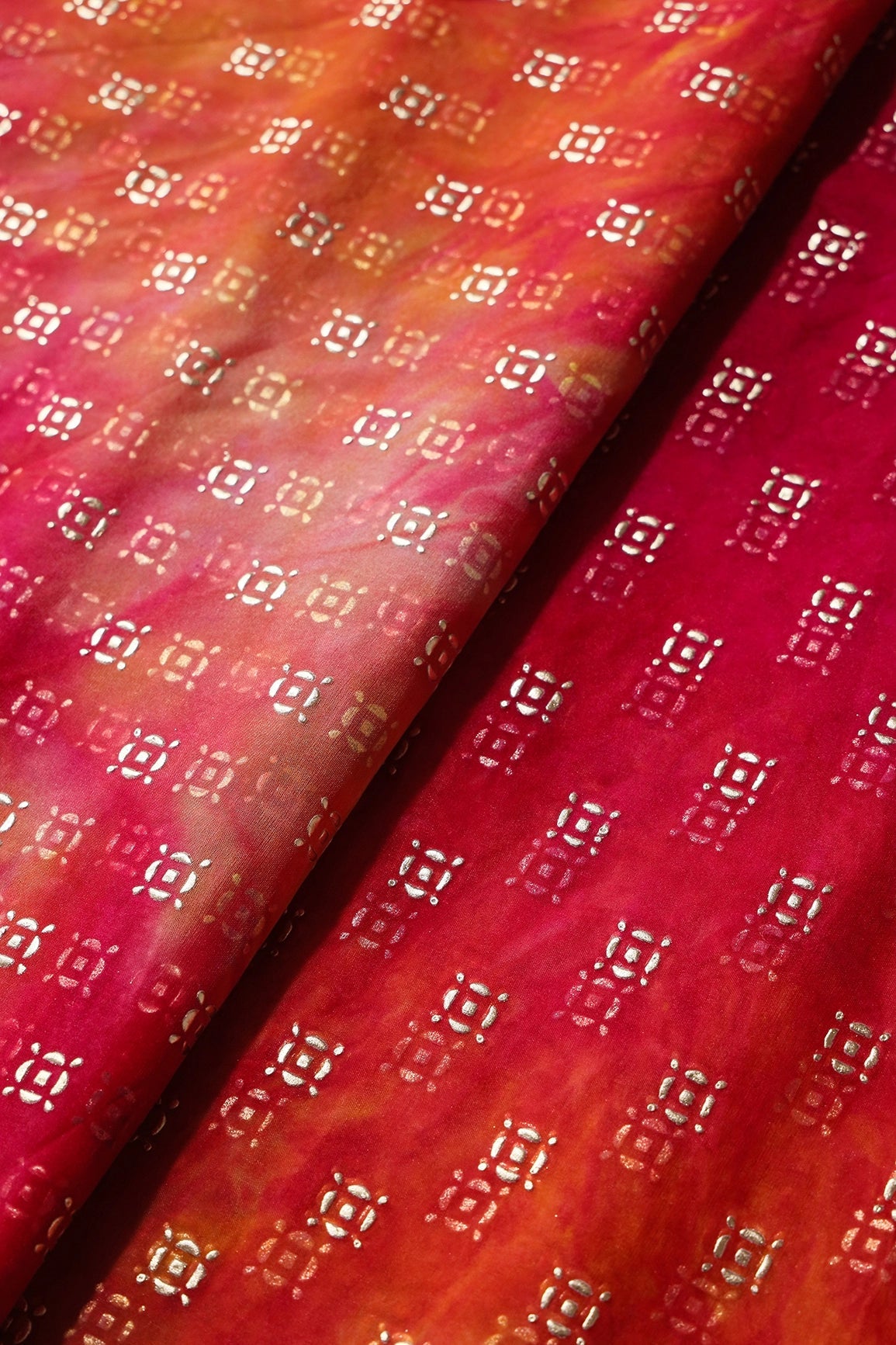 Dark Pink And Orange Tie & Dye Shibori Small Motif Foil Print On Organza Fabric - doeraa