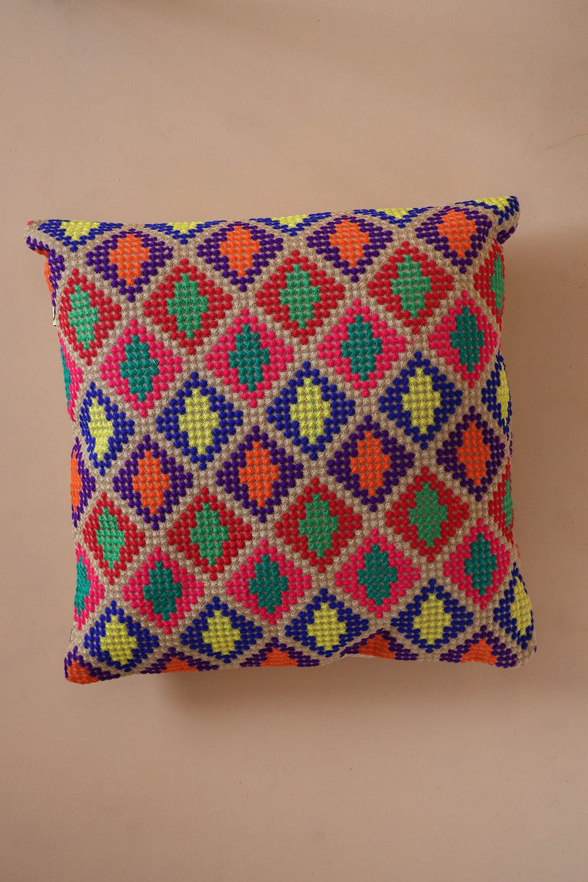 Dotted Pattern Multi-colour Embroidery on Off White cotton Cushion Cover (16*16 inches) - doeraa