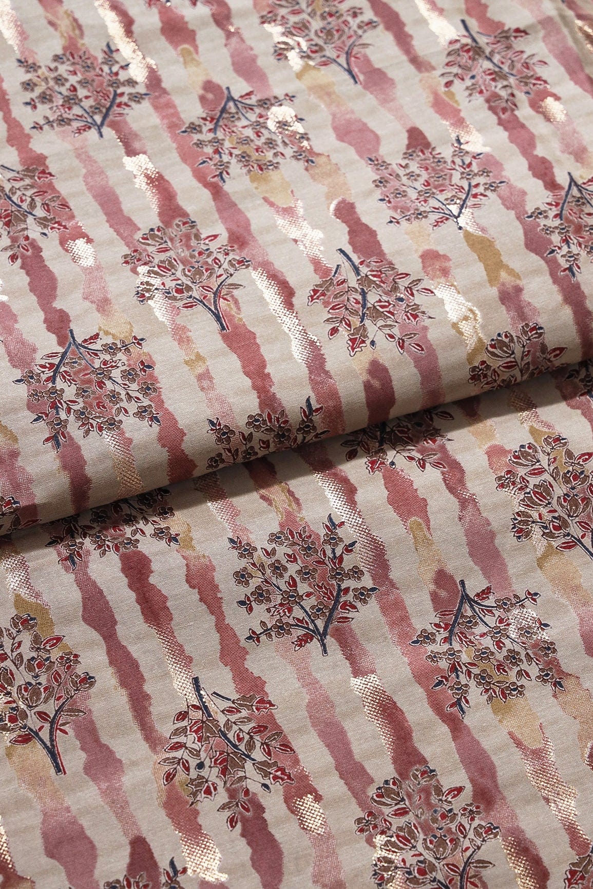 Dusty Pink And Light Beige Foil Floral Print On Viscose Chanderi Silk Fabric - doeraa