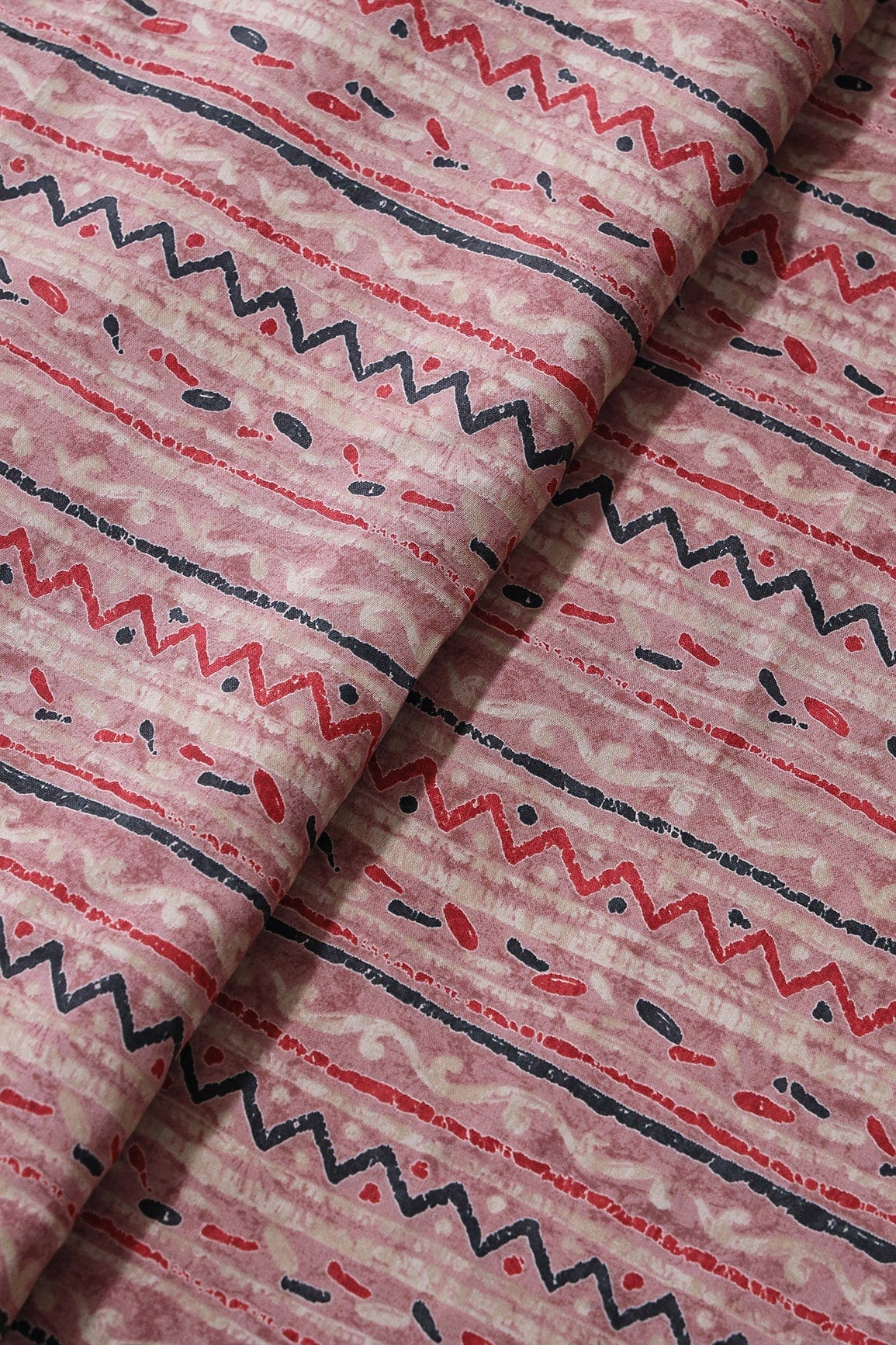 Dusty Pink And Light Beige Stripes Print On Viscose Chanderi Silk Fabric - doeraa