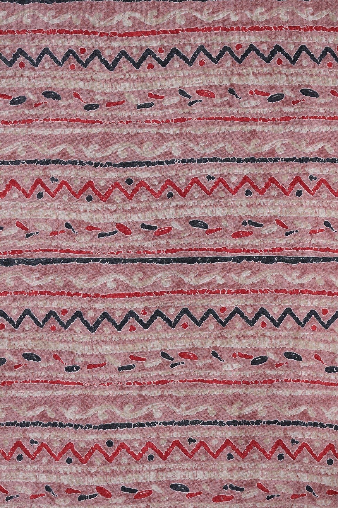 Dusty Pink And Light Beige Stripes Print On Viscose Chanderi Silk Fabric - doeraa