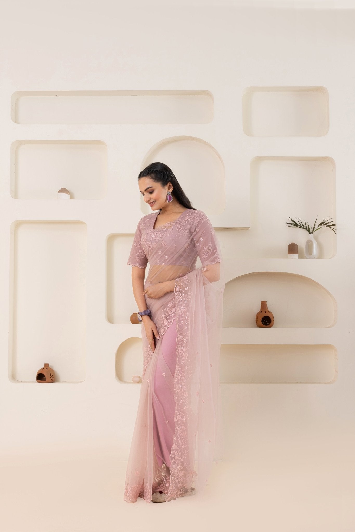 Dusty Pink Embroidery Saree Set (Saree With Blouse Piece) - doeraa
