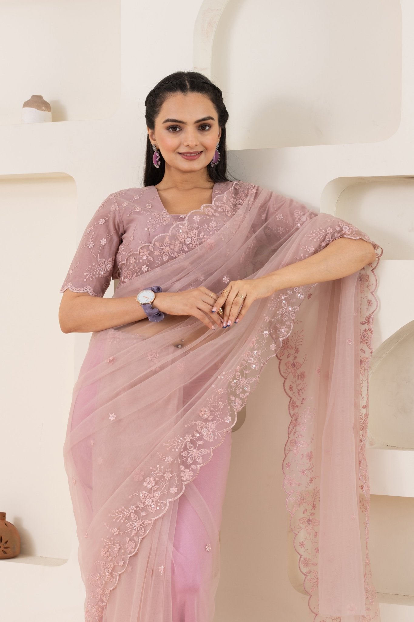 Dusty Pink Embroidery Saree Set (Saree With Blouse Piece) - doeraa