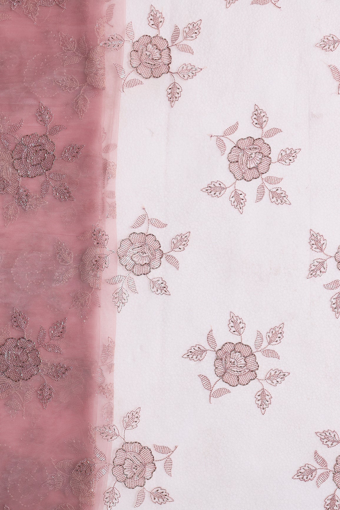 Dusty Pink Thread & Beads With Water Sequins Floral Embroidery Work On Dusty Pink Soft Net Fabric - doeraa