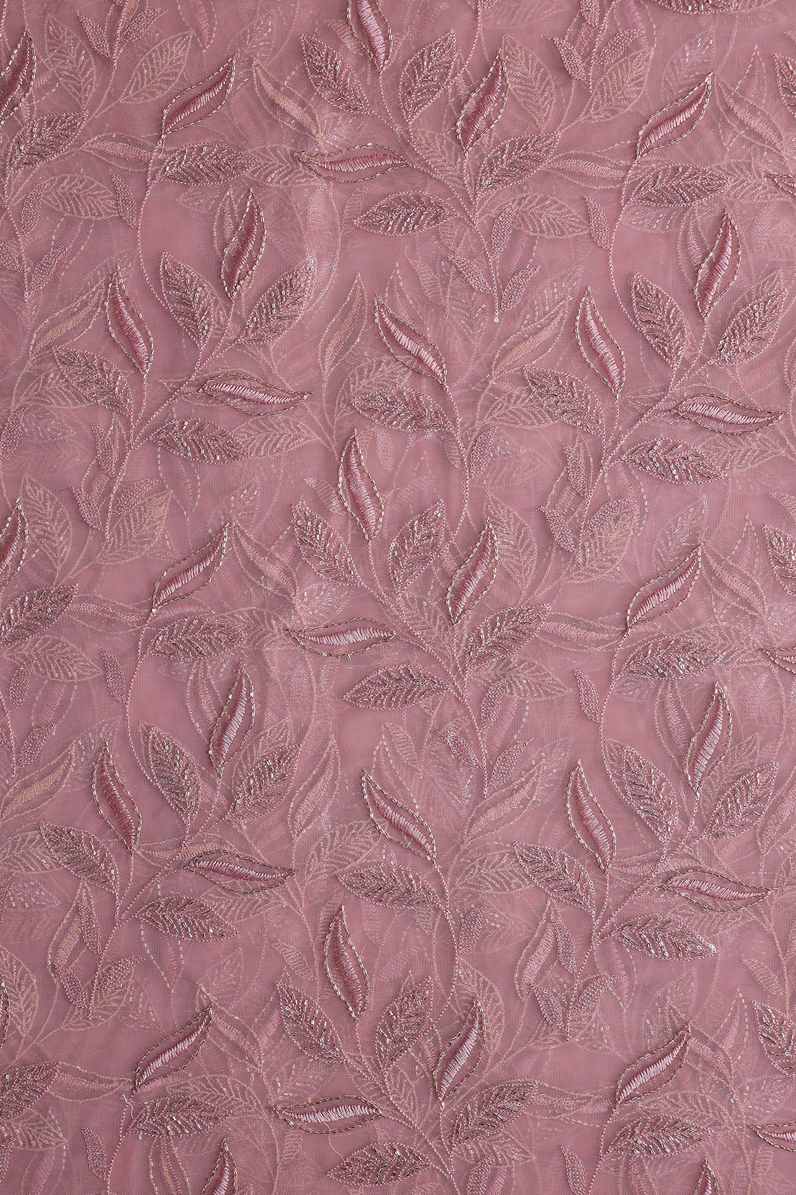 Dusty Pink Thread & Beads With Water Sequins Leafy Embroidery Work On Dusty Pink Soft Net Fabric - doeraa