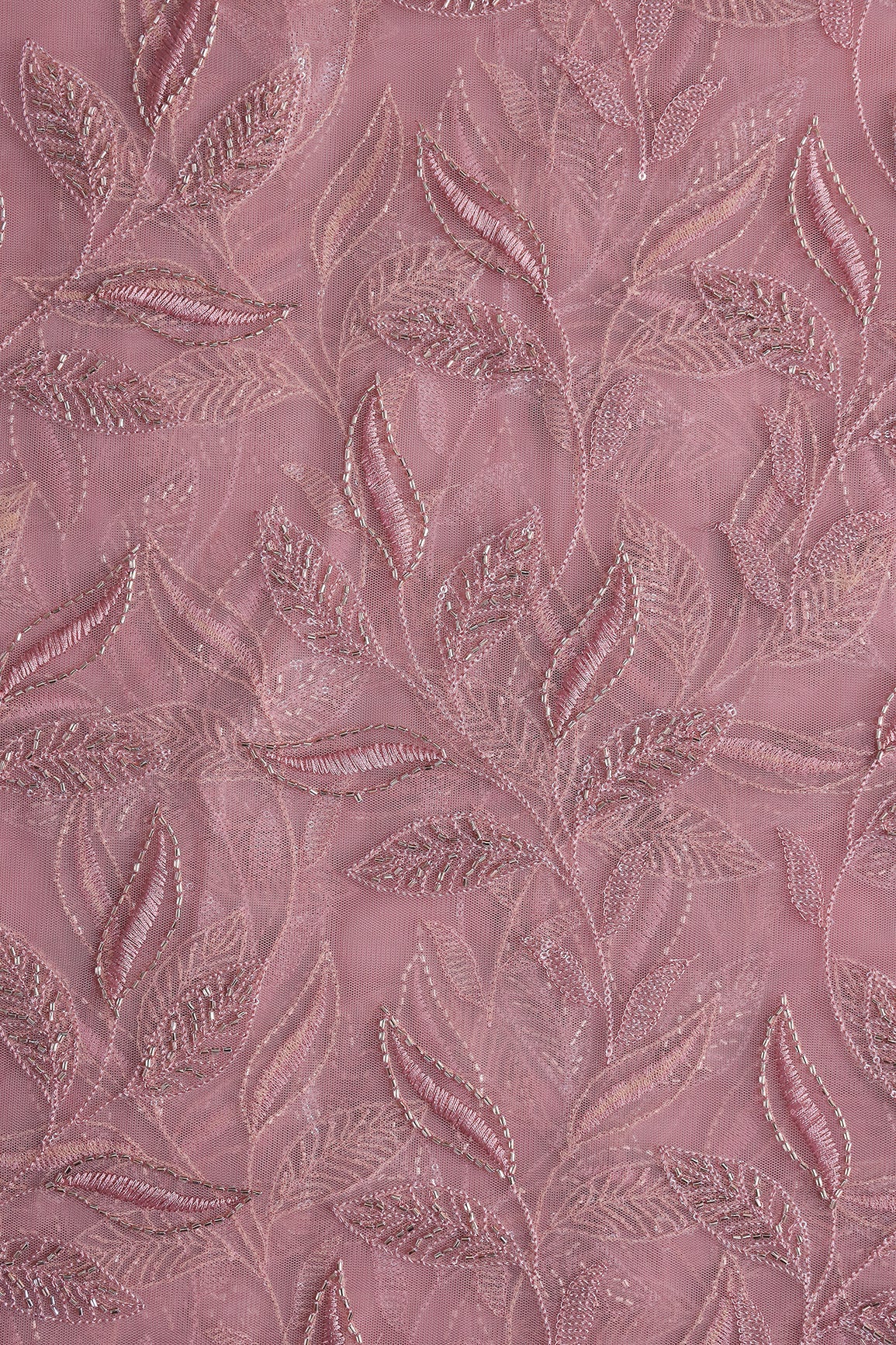 Dusty Pink Thread & Beads With Water Sequins Leafy Embroidery Work On Dusty Pink Soft Net Fabric - doeraa