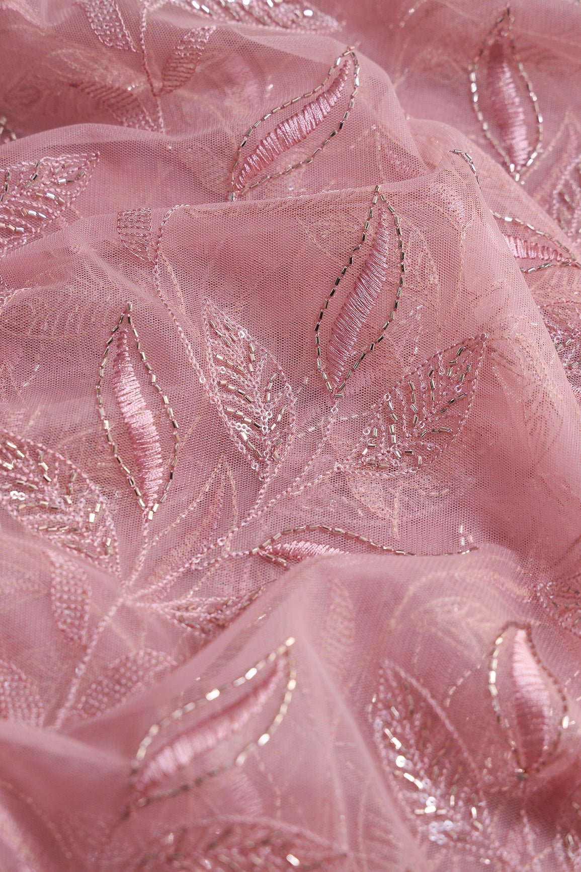 Dusty Pink Thread & Beads With Water Sequins Leafy Embroidery Work On Dusty Pink Soft Net Fabric - doeraa