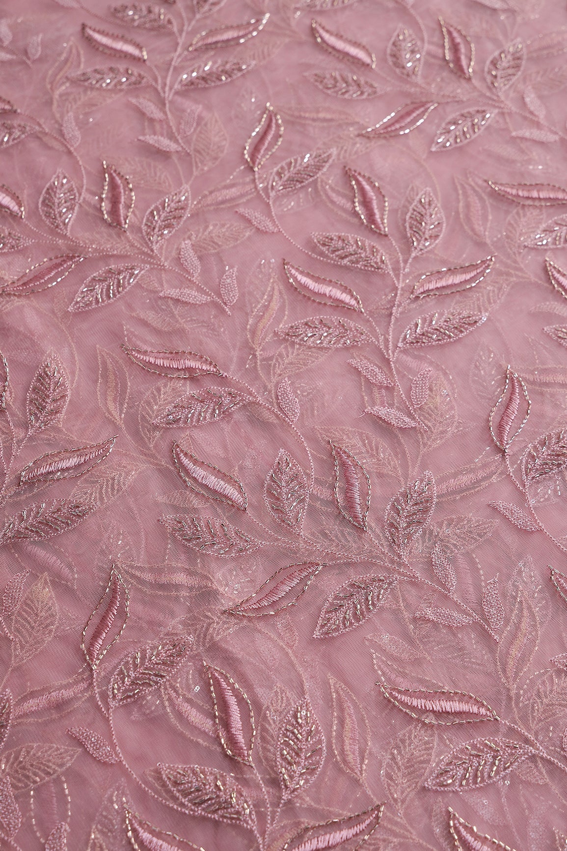 Dusty Pink Thread & Beads With Water Sequins Leafy Embroidery Work On Dusty Pink Soft Net Fabric - doeraa