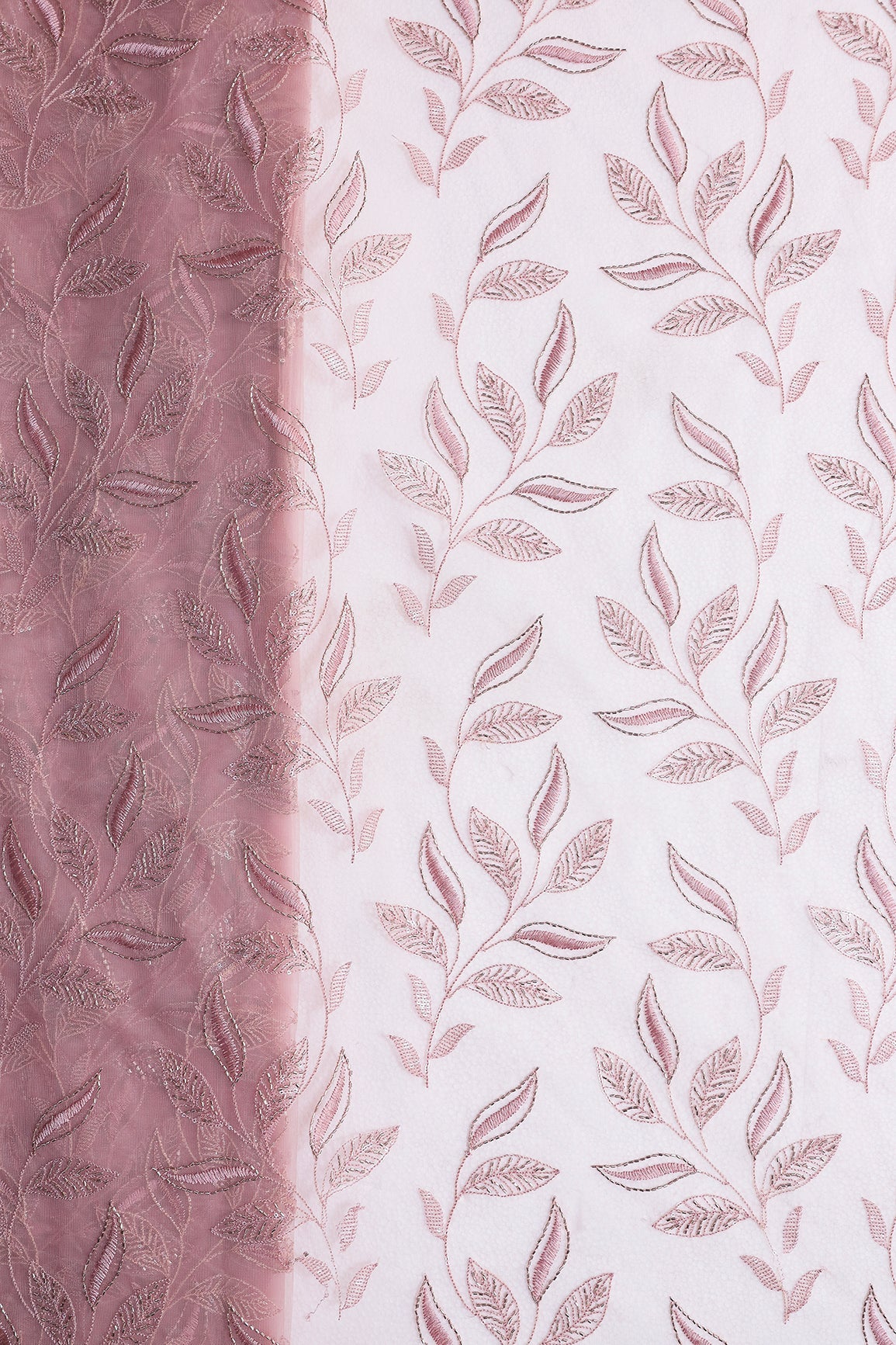 Dusty Pink Thread & Beads With Water Sequins Leafy Embroidery Work On Dusty Pink Soft Net Fabric - doeraa