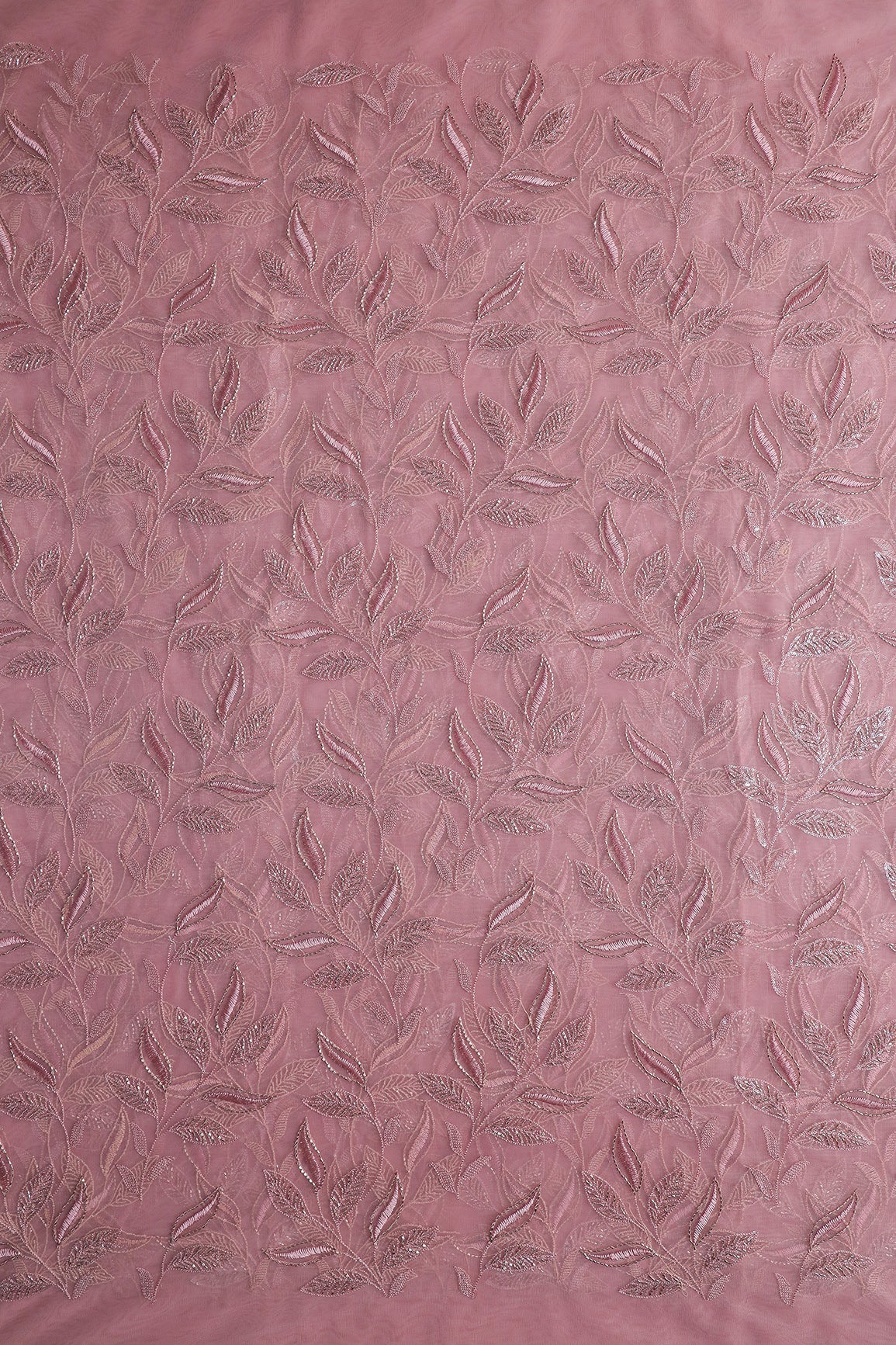 Dusty Pink Thread & Beads With Water Sequins Leafy Embroidery Work On Dusty Pink Soft Net Fabric - doeraa