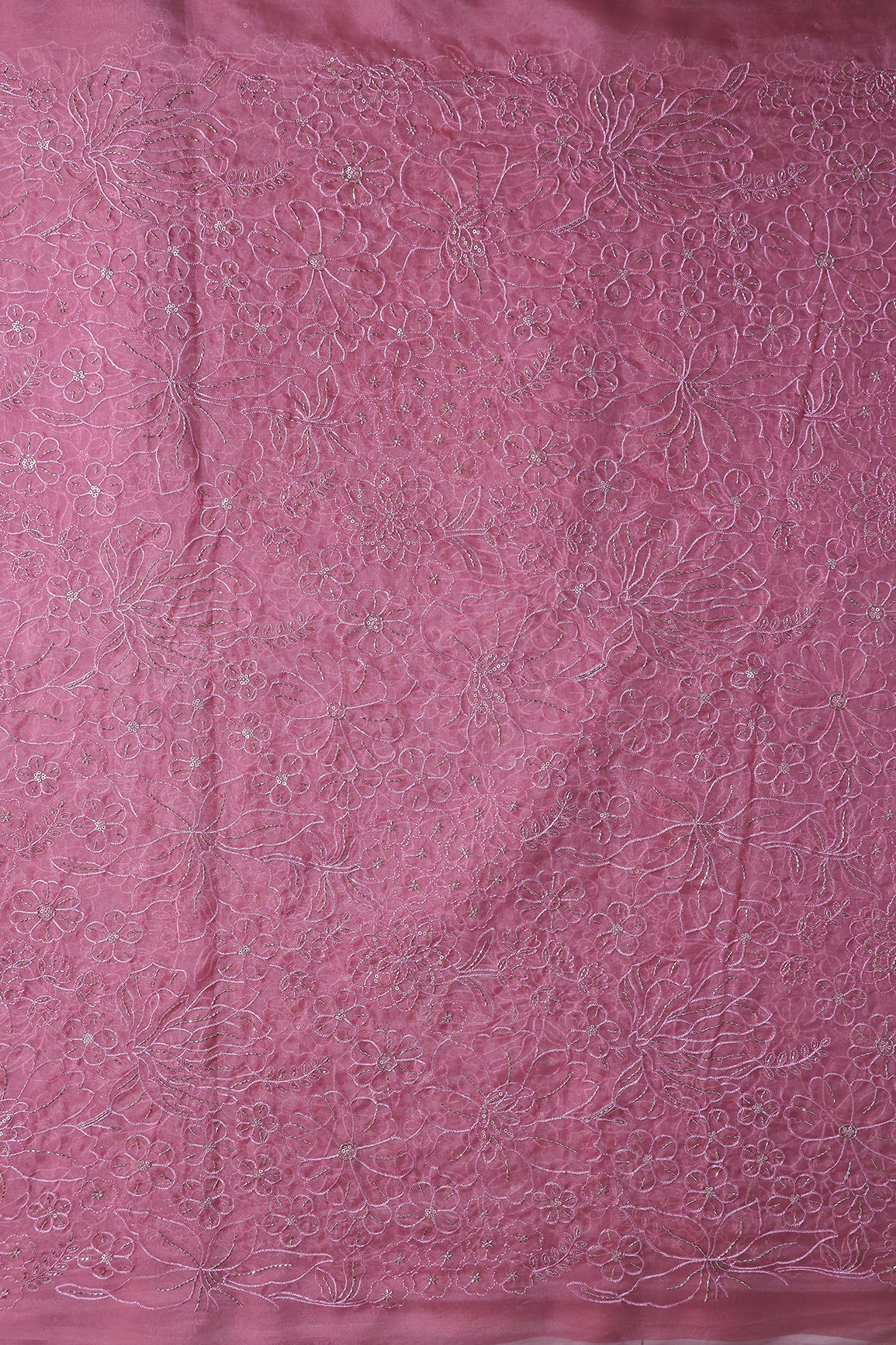 Dusty Rose Pink Thread & Beads With Sequins Floral Embroidery Work On Dusty Rose Pink Organza Fabric - doeraa