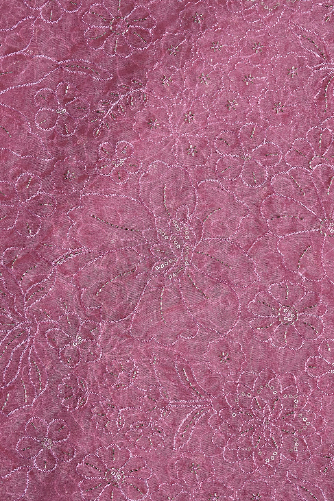 Dusty Rose Pink Thread & Beads With Sequins Floral Embroidery Work On Dusty Rose Pink Organza Fabric - doeraa