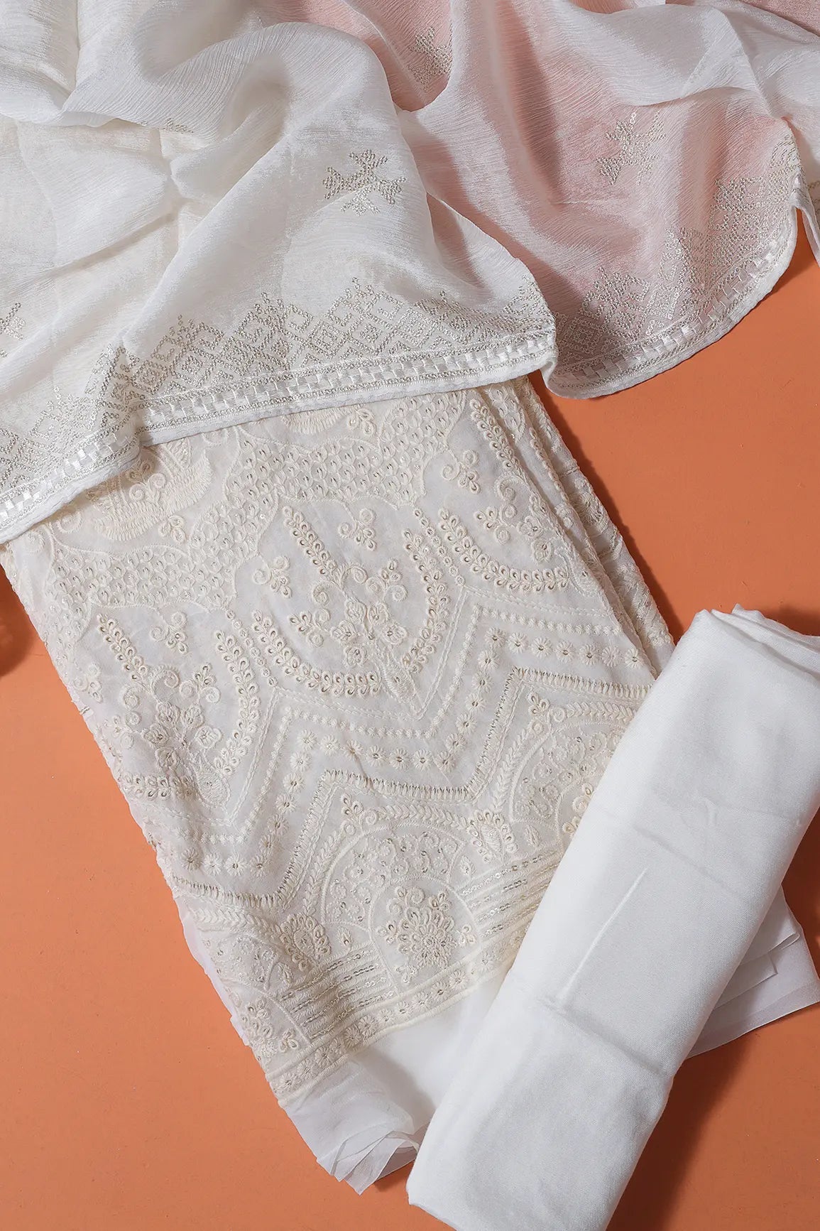 Dyeable Lucknowi Unstitched Pure Viscose Georgette Suit Set (3 piece) - doeraa