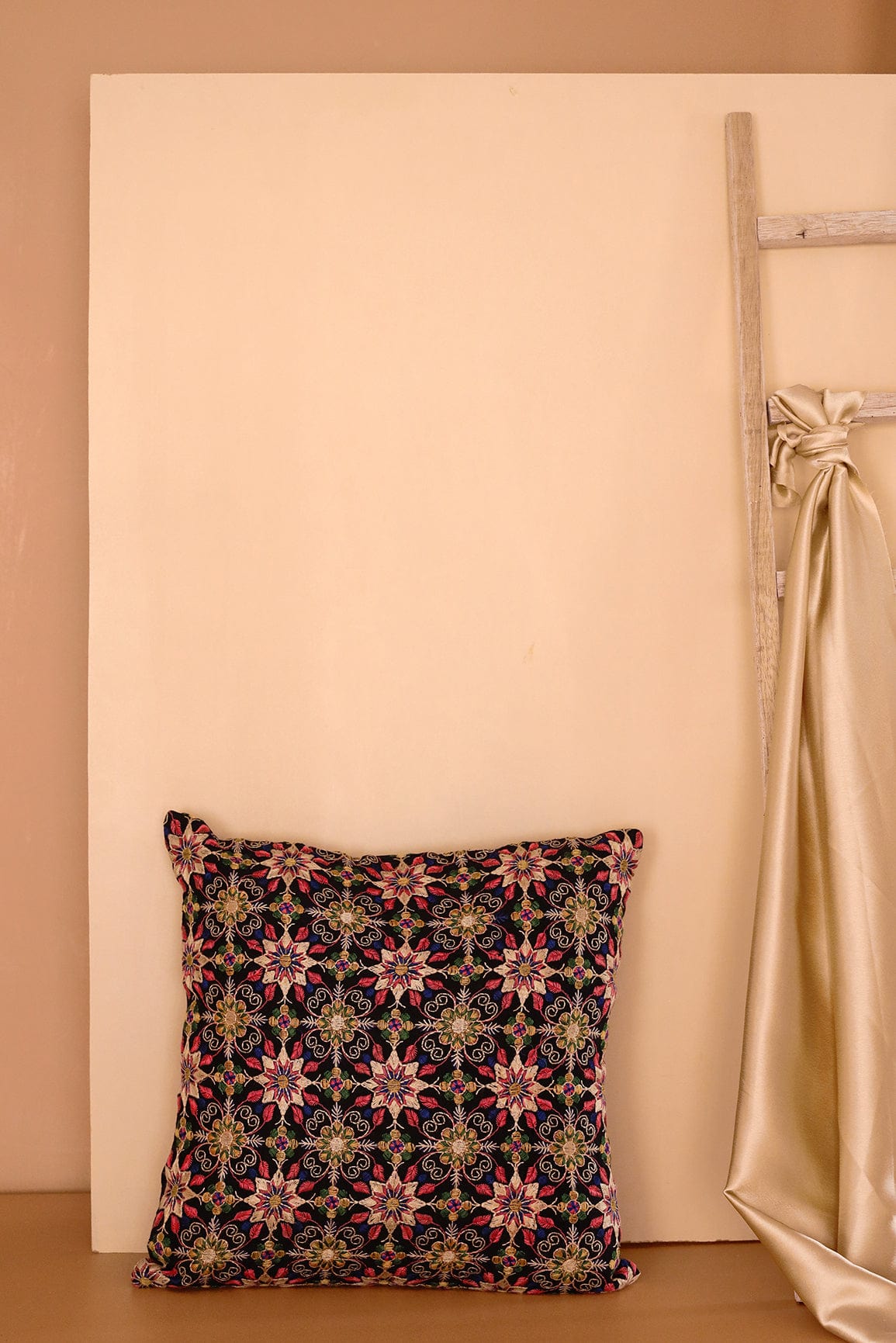 Elegant Floral Embroidery on Black cotton Cushion Cover (16*16 inches) - doeraa