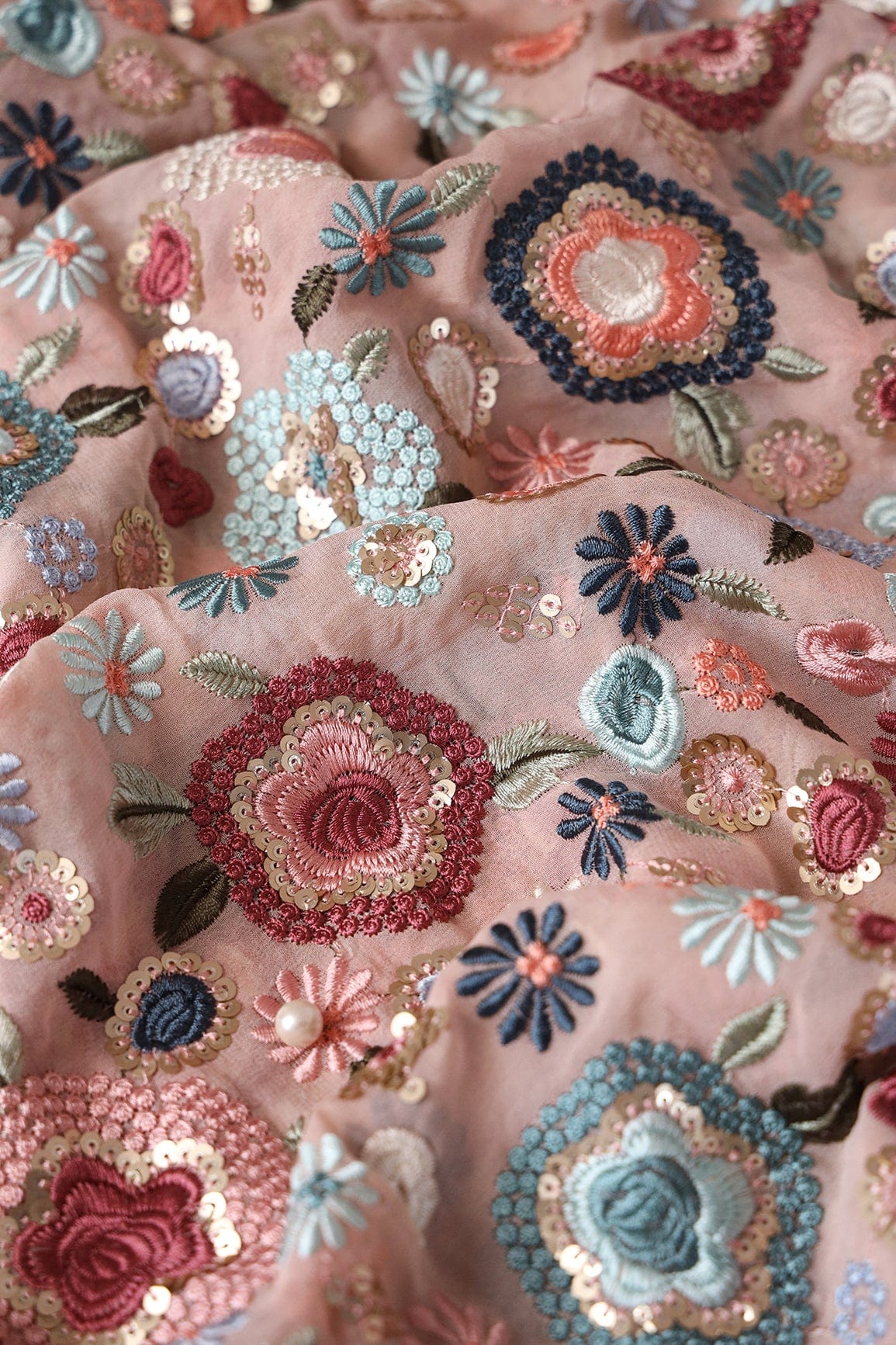 Elegant Floral Heavy Embroidery With Gold Sequins On Peach Viscose Georgette Fabric - doeraa