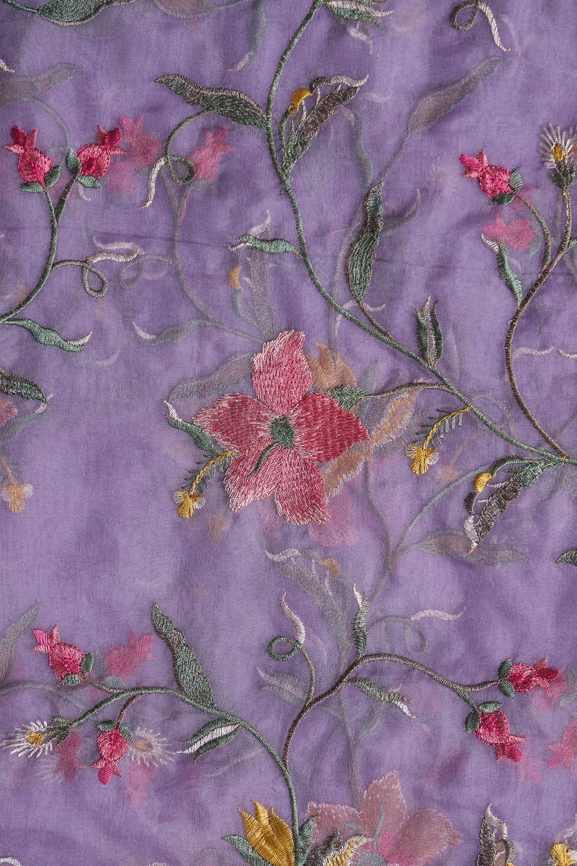 Elegant Floral Multi Color Thread Embroidery Work On Lavender Organza Fabric - doeraa