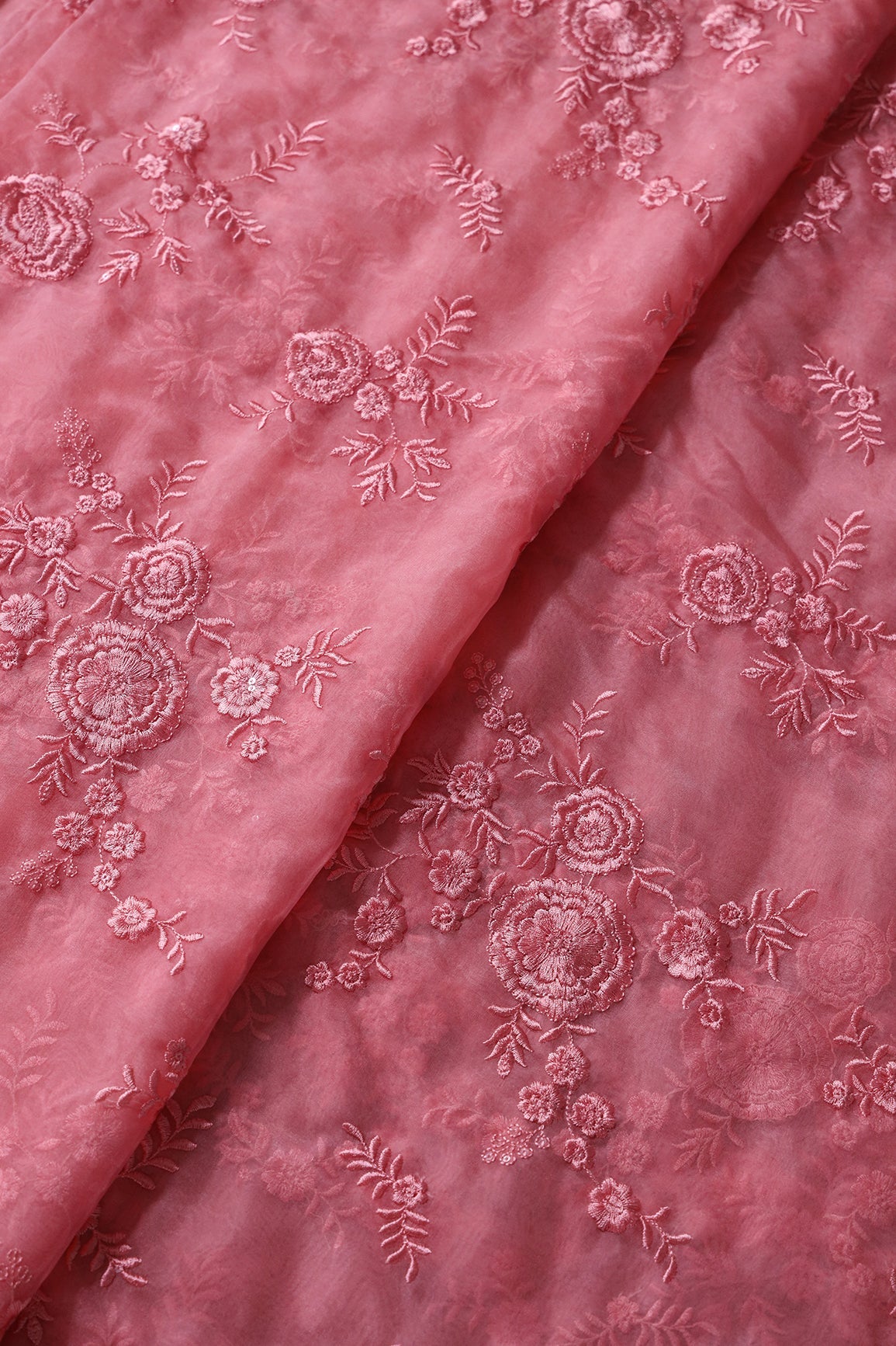 Elegant Floral Thread With Water Sequins Embroidery On Salmon Pink Organza Fabric - doeraa