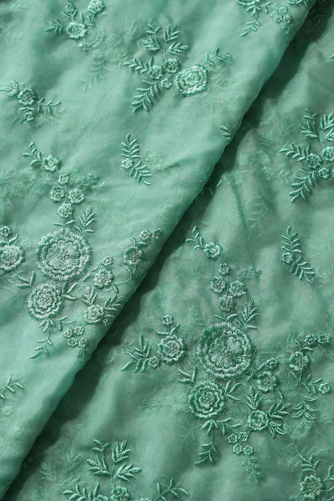 Elegant Floral Thread With Water Sequins Embroidery On Teal Organza Fabric - doeraa