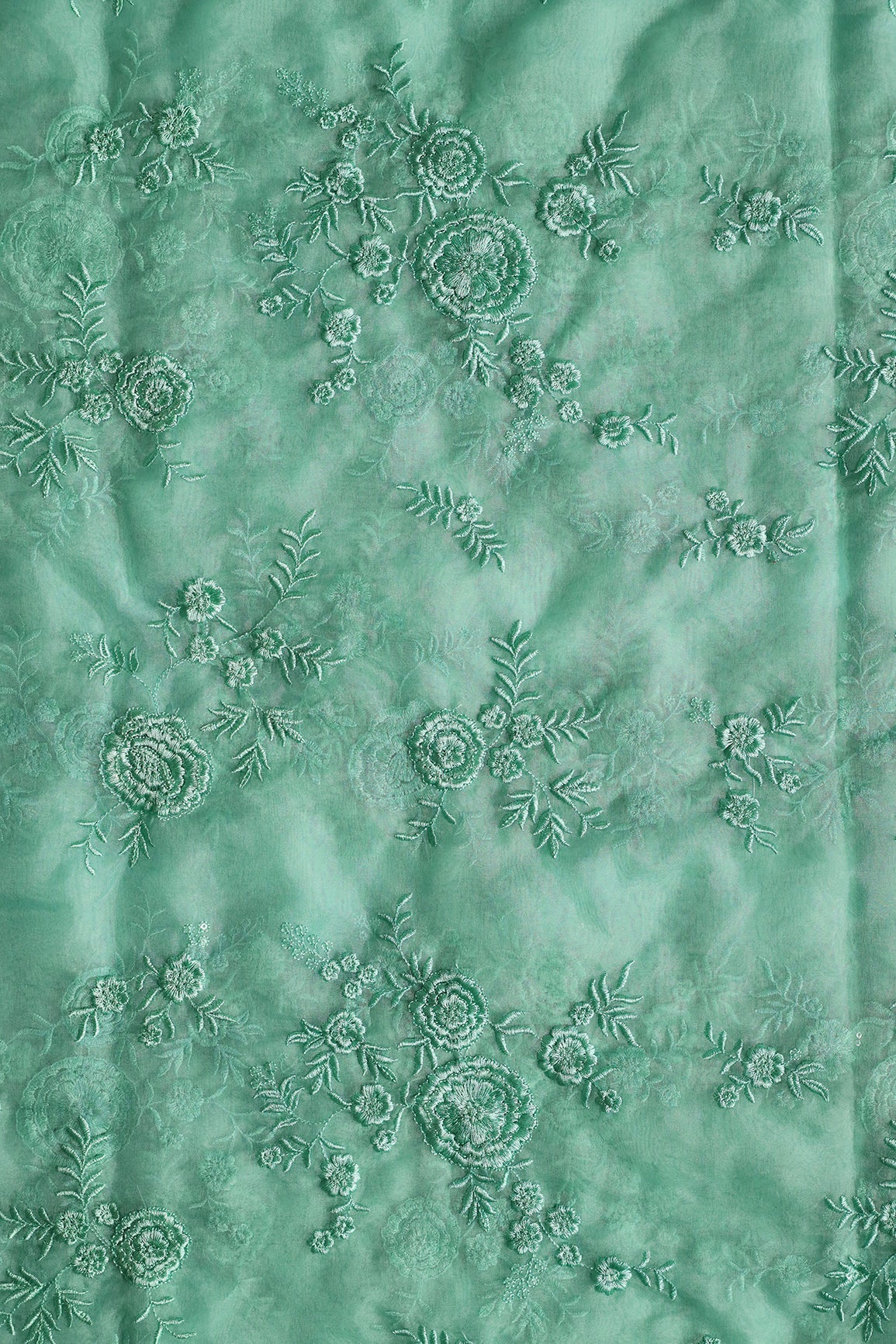 Elegant Floral Thread With Water Sequins Embroidery On Teal Organza Fabric - doeraa