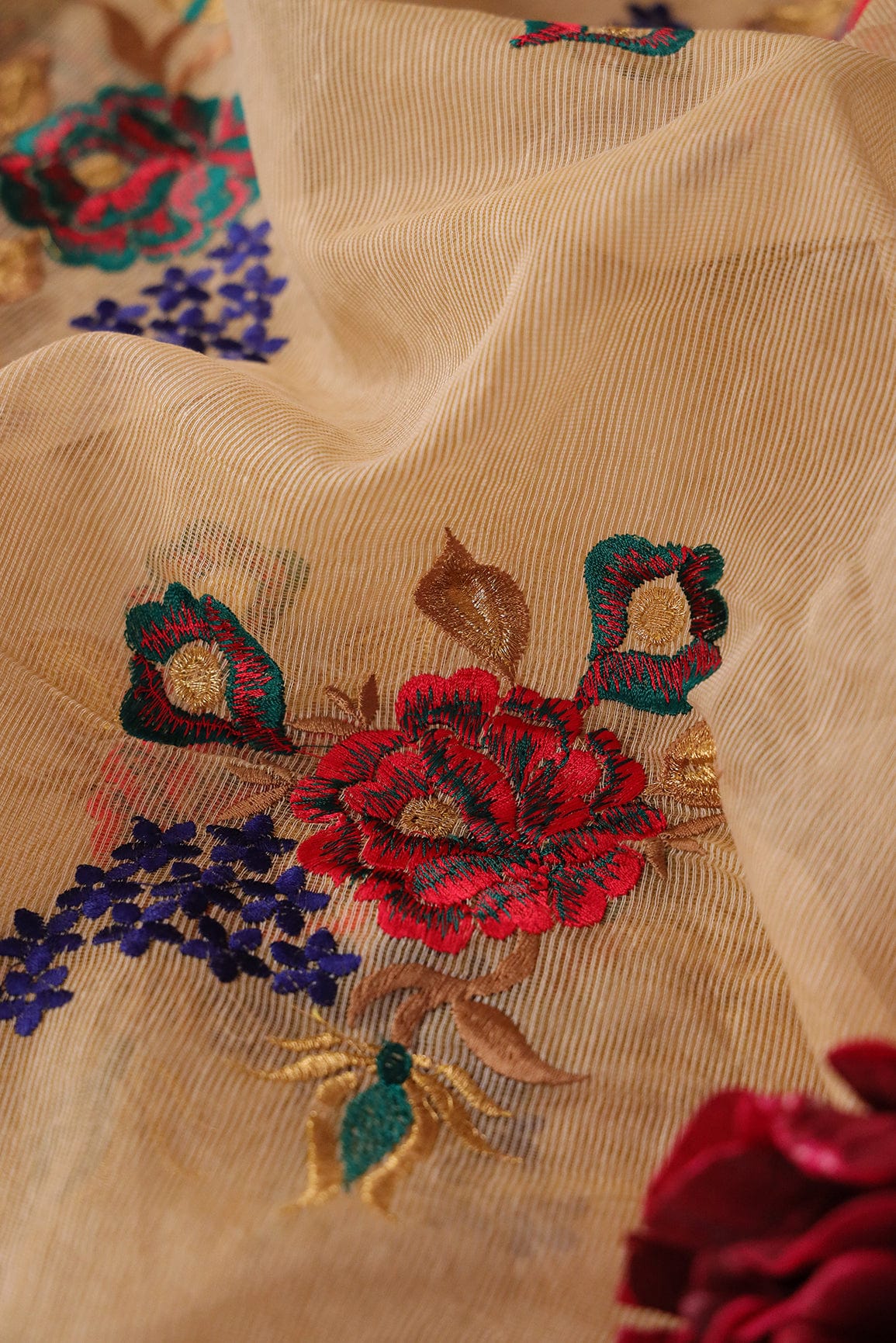 Elegant Multi Colour Floral Embroidery on Beige Kota Doria Net Fabric - doeraa